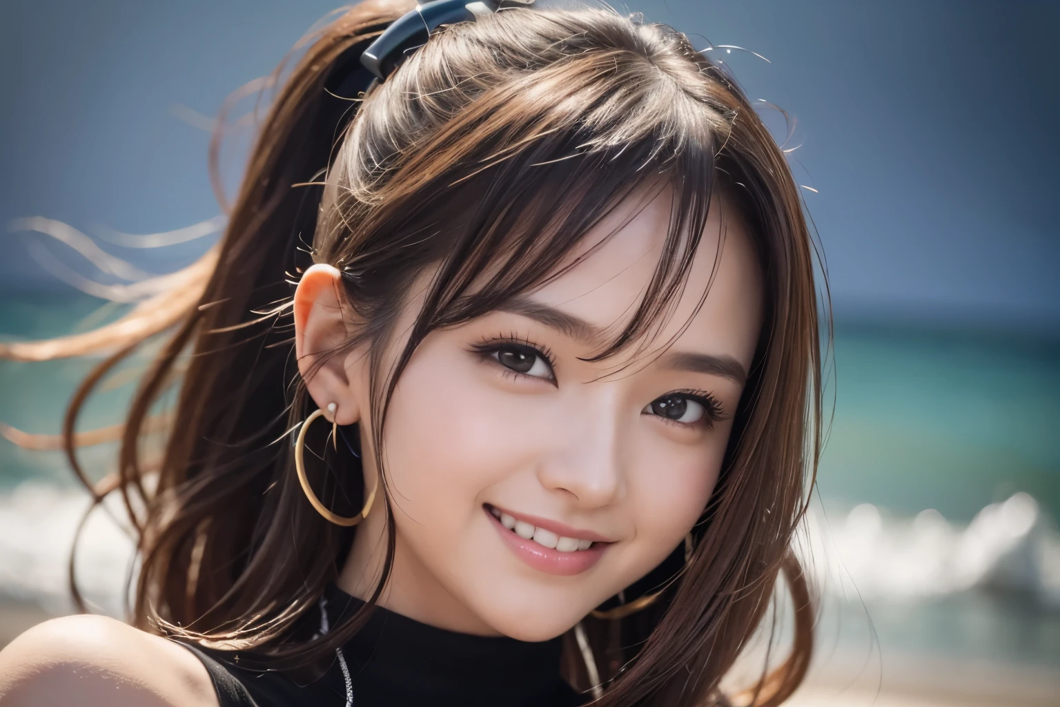 (8k, RAW photos, best quality, high resolution:1.1), (hyperrealistic:1.4),(realistic, photorealistic:1.3), full body shown, full face shown, walking, sandy beach, black micro bikini, soft light, big breasts, girl, realistic face, realistic body, realistic skin, absurdity, masterpiece, (cute:1.8), Solo, (Big breasts:1.2), Detailed Black Eyes,Innocent Eyes,Blush,Cinema Lights,Film Grain,Jewelry,Earringedium Hair:1.1)),((Floating Hair Novafrog Style)),Cherry Colored Lips,Hair Bow,Ponytail,Long Hair,Open Lips, Top Teeth, (Smiling Eyes:0.6), ((grinning:1.2)),Depth of Field, Blurred Background, Eye Focus, Bokeh,Young, 85mm Lens, f/1.4,Professional Lighting, Young,Portrait,Photon Mapping,Physically Based Rendering