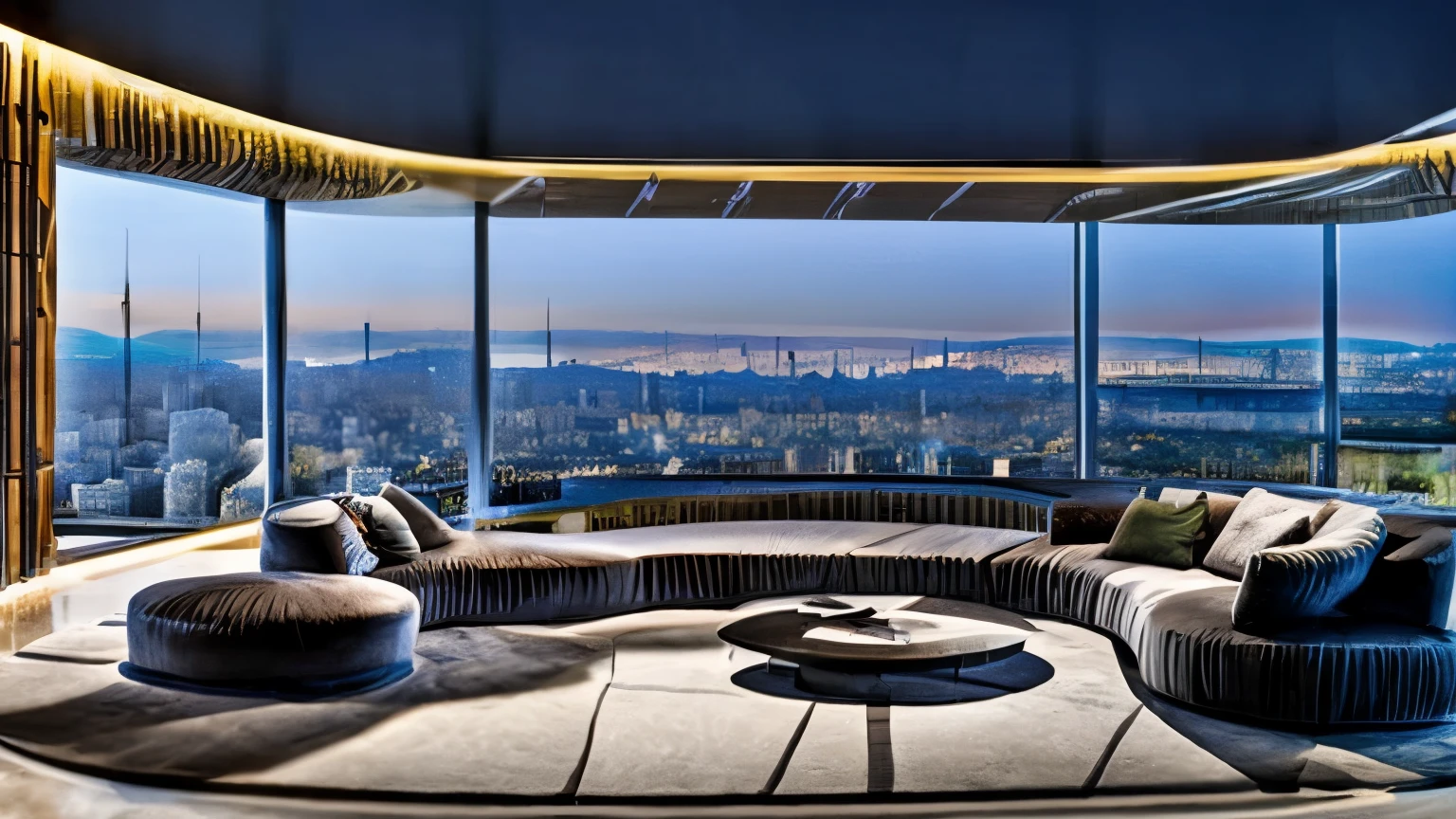 "A futuristic and sleek modern living room with a stylishly designed TV, comfortable couch, and a sleek desk. The room features floor-to-ceiling windows that offer stunning views of a bustling cityscape at night, creating a mesmerizing cyberpunk atmosphere." big windows , at night, dark, night view, interior  