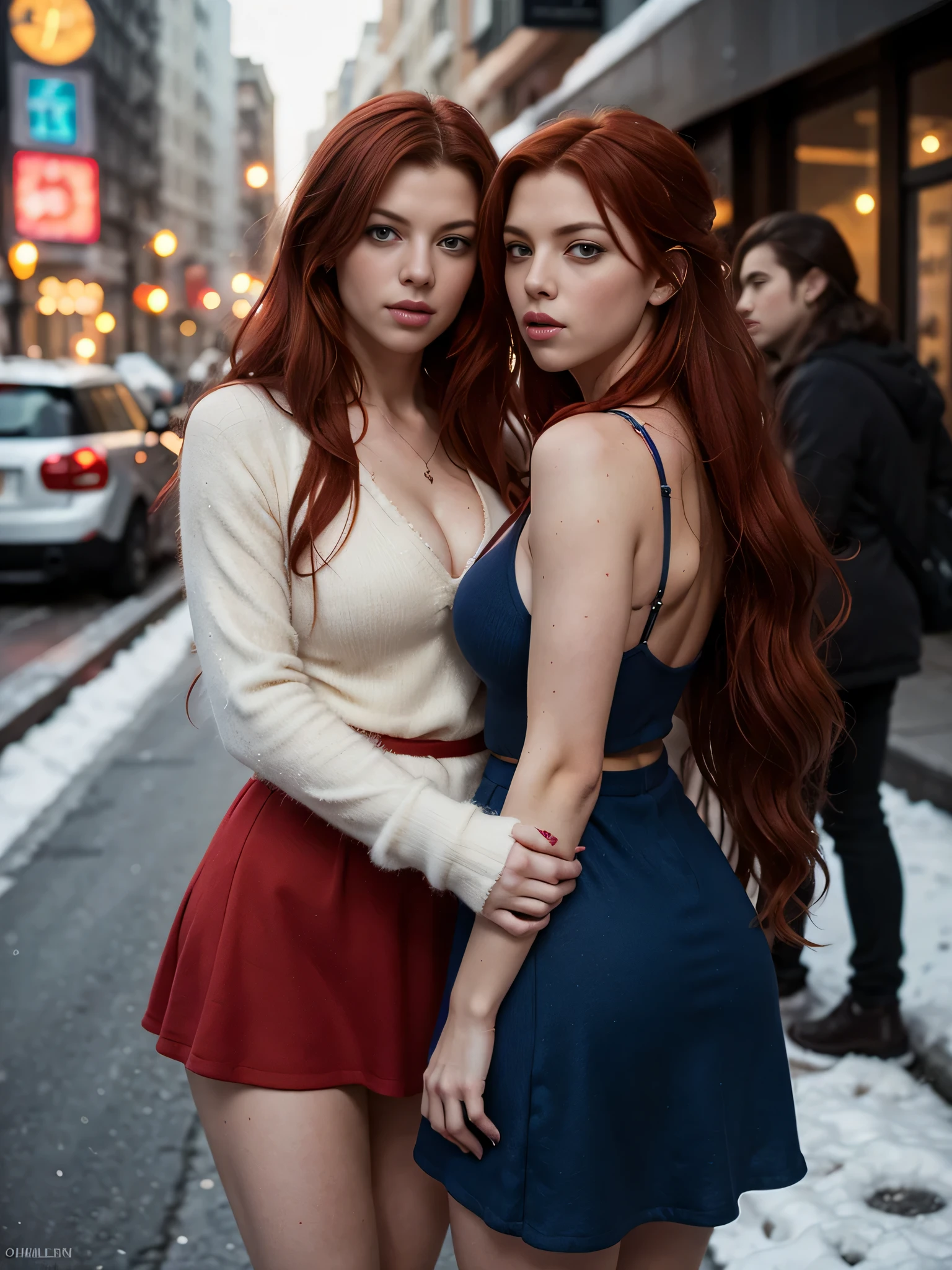 very feminine girl with red hair, in a fluffy mini dress on the street in winter, with very wide hips , very sexy juicy figure, looks a bit like Milla Jovovich and Scarlett Johansson , disheveled long red hair, Blue eyes, 