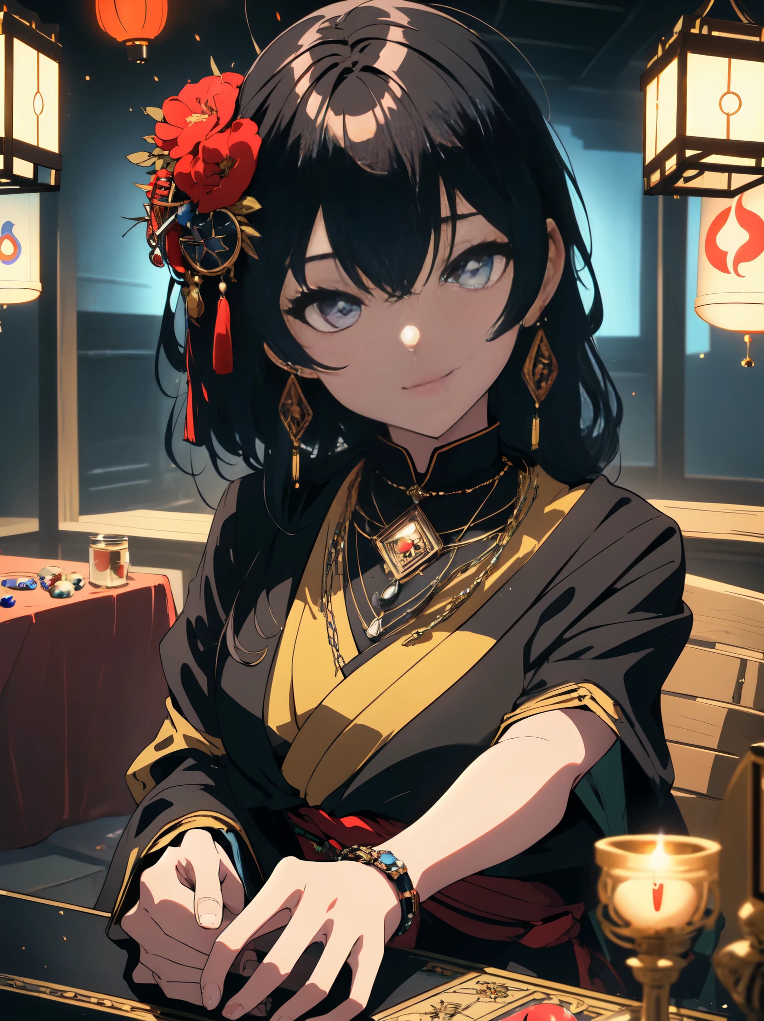 (最high quality, masterpiece, high resolution、detailed), 1 female, (Shining eyes),Japanese, Western-style fortune teller costume, hair ornaments, necklace, jewelry, beautiful face, gentle smile, On top of that_body, Tyndall effect, fortune telling room, candles on the table, tarot cards, rim lighting, two-tone lighting, (High resolutionスキン:1.2), 8k UHD, Digital single-lens reflex camera, soft lighting, high quality, volume lighting, Frank, High resolution, 4k, 8k, Bokeh、beautiful anime