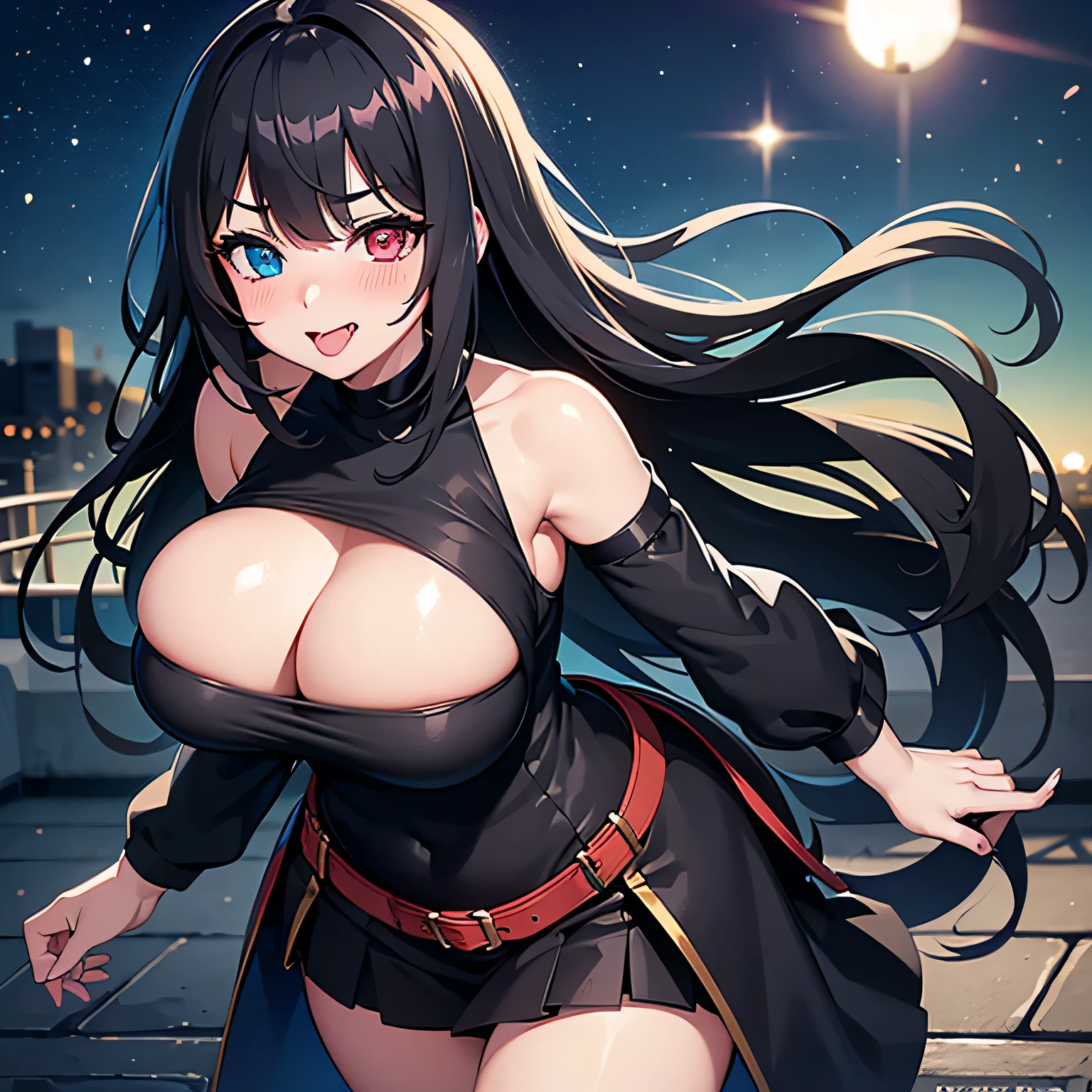 black hair, bikini armor, big breast, perfect body, night time, raised eyebrows, heterochromia, blush, blush, tongue, grin, depth of field, cinematic lighting, anime style, high quality, high details, super detail, textured skin, 1080P, HD, UHD, ccurate, highres