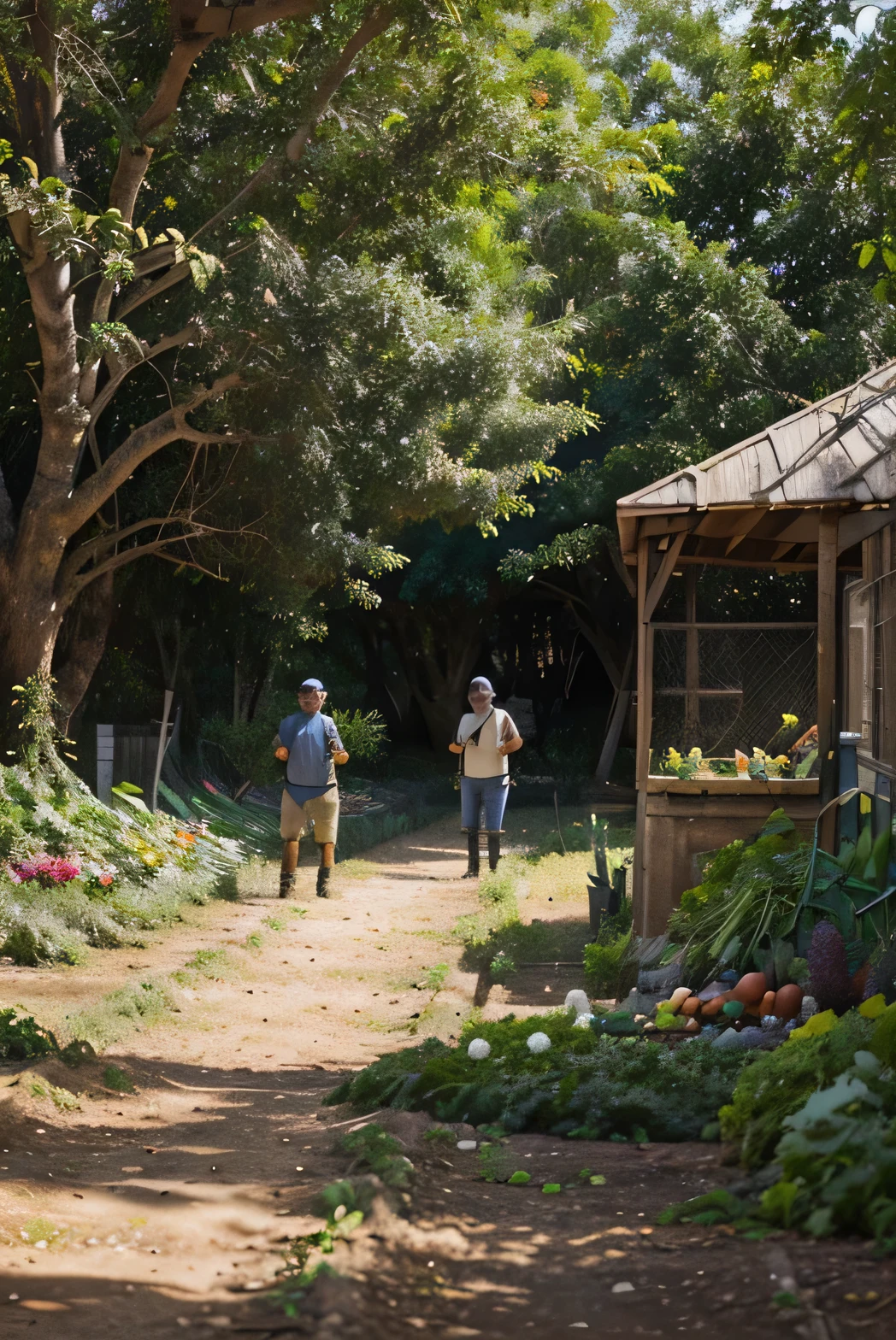 (illustration(, (lindo), (detalhista), (floresta), (Rural), organic vegetable area with happy people working.