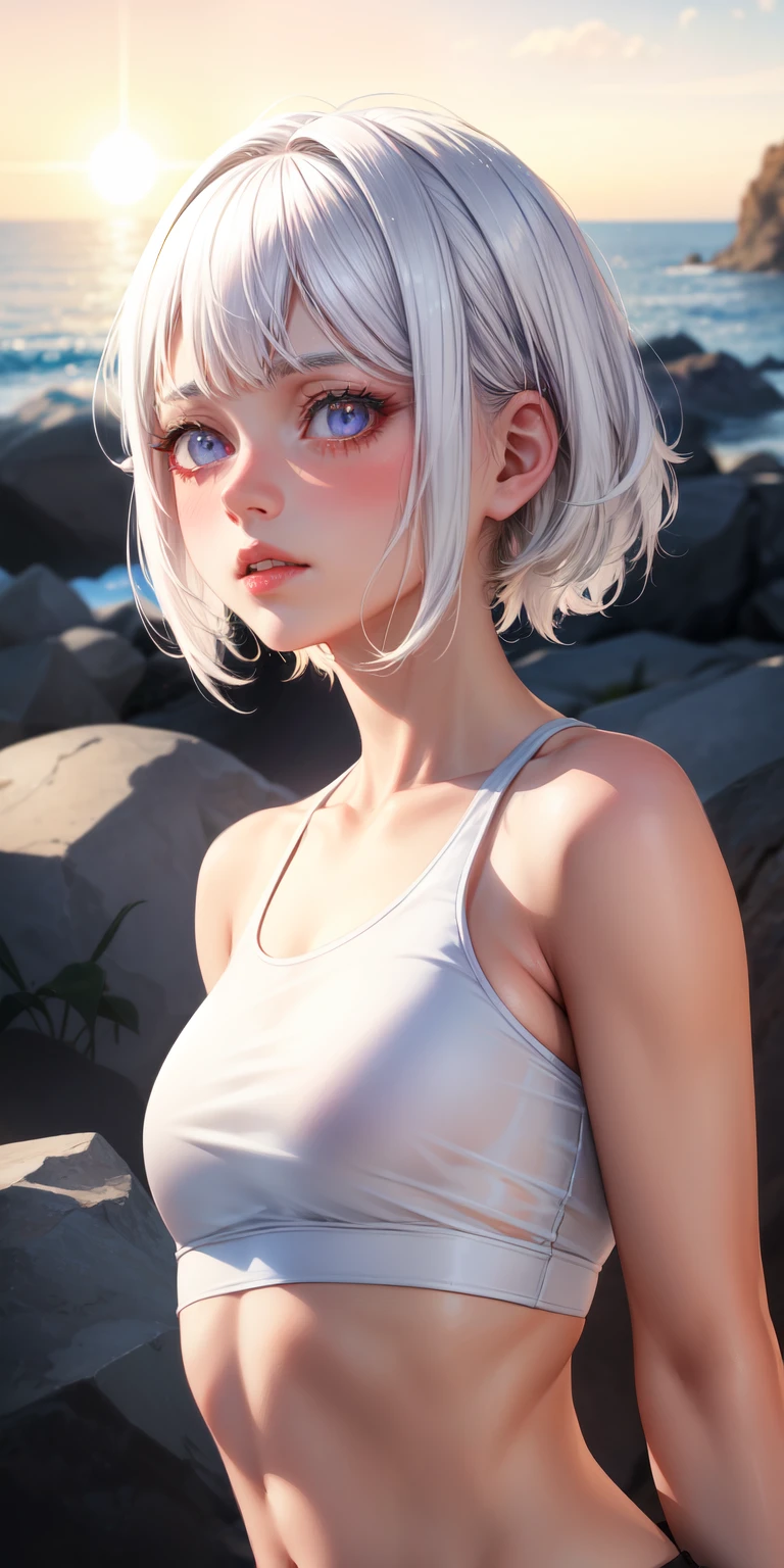 Realistisch, 1girl, white hair, lila Augen, glowing eyes, Crop-Top, Rock, parted lips, blush, Nacht, Blumen, sun, Sonnenlicht,