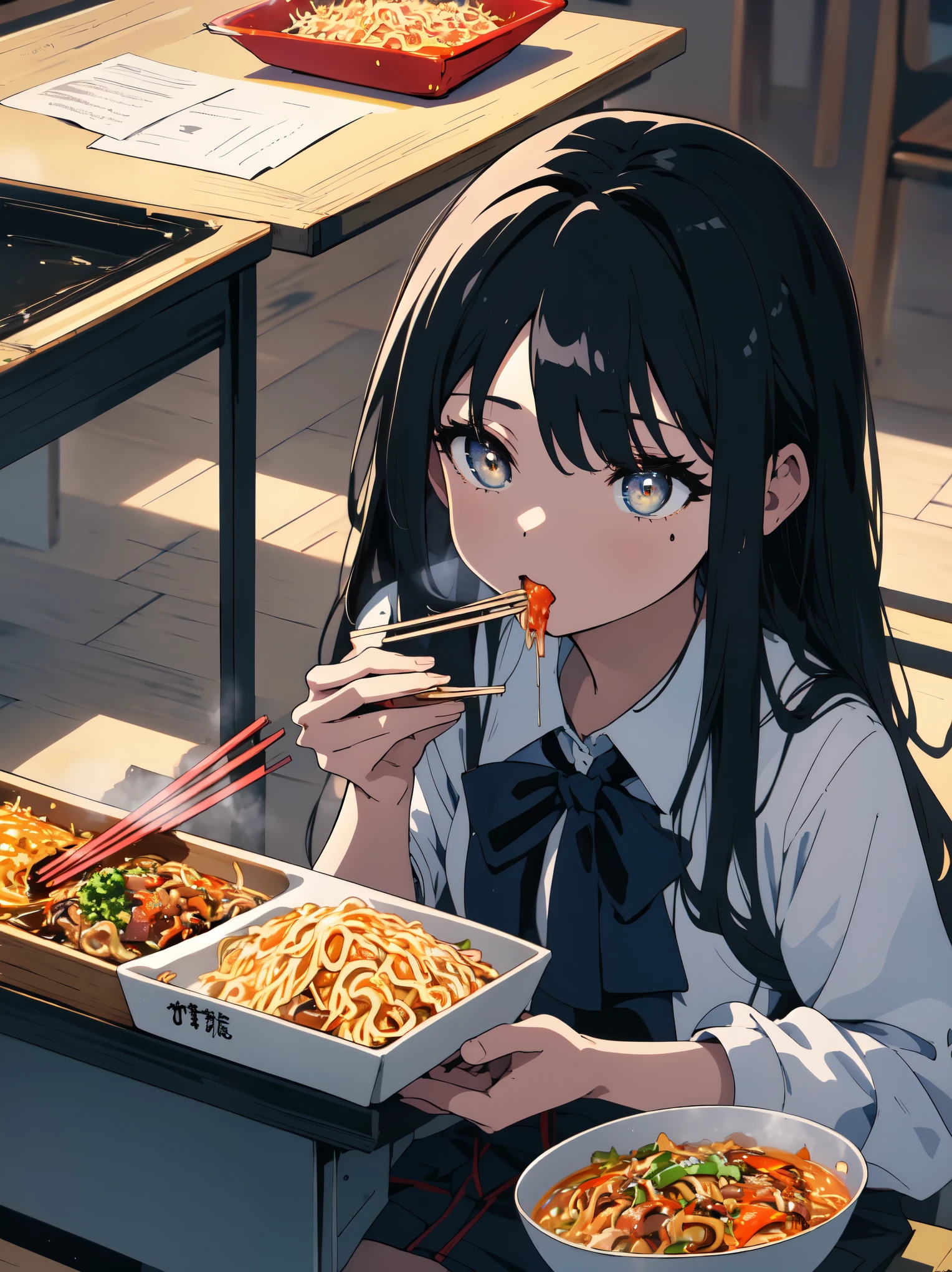 (highest quality, masterpiece, high resolution, High resolution)、(Shining eyes、detailed beautiful face)、1 girl、school uniform、mini skirt、bright look、(Payang sauce yakisoba)、(Eating yakisoba using disposable chopsticks)、Classroom during lunch break、beautiful anime