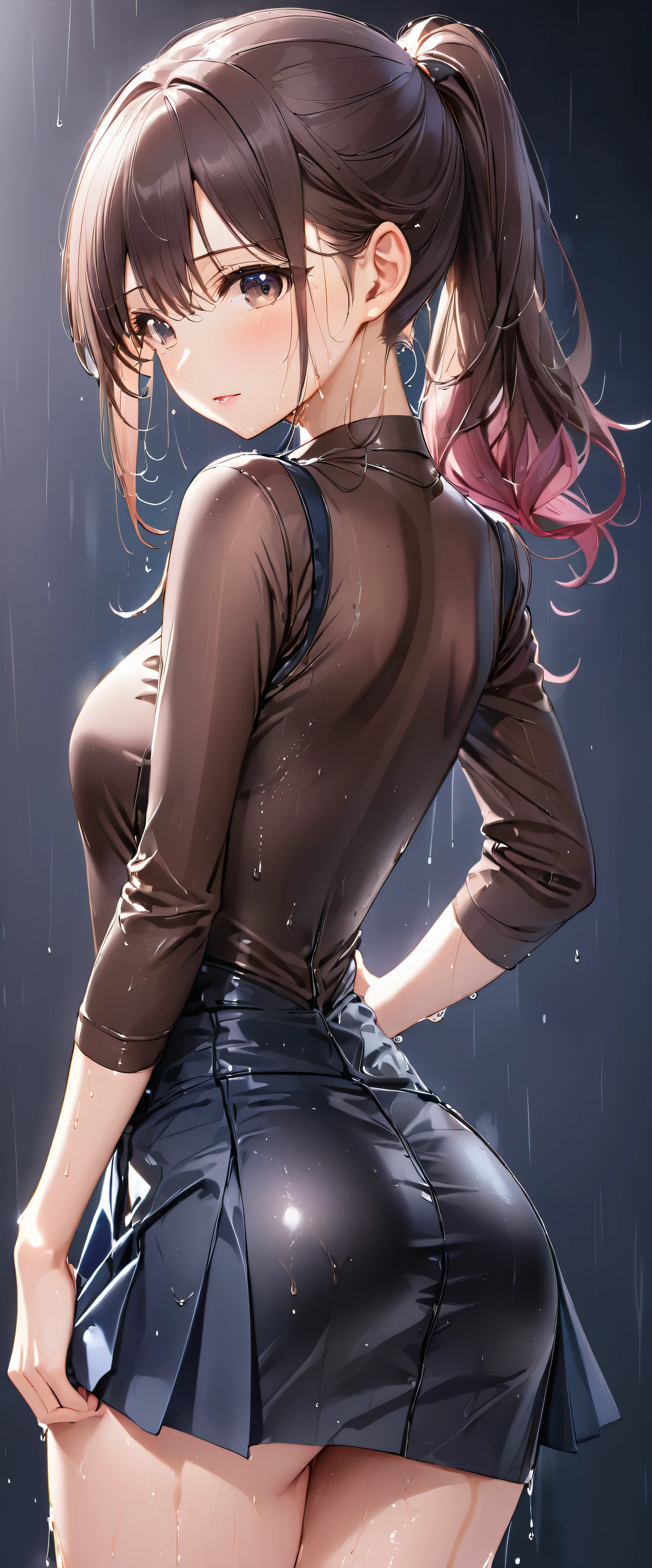 (masterpiece,highest quality,超A high resolution),japanese woman, (((Very beautiful 25 year old girl))), pretty girl、look at the photographer、 ((beautiful low ponytail)), super cute face, glossy lips, double eyelids in both eyes,natural smile、 natural makeup, long eyelashes, shiny smooth hair、center image, perfect limbs, perfect anatomy,(((bodysuit and tight skirt)))、(((look back)),wet with sweat,