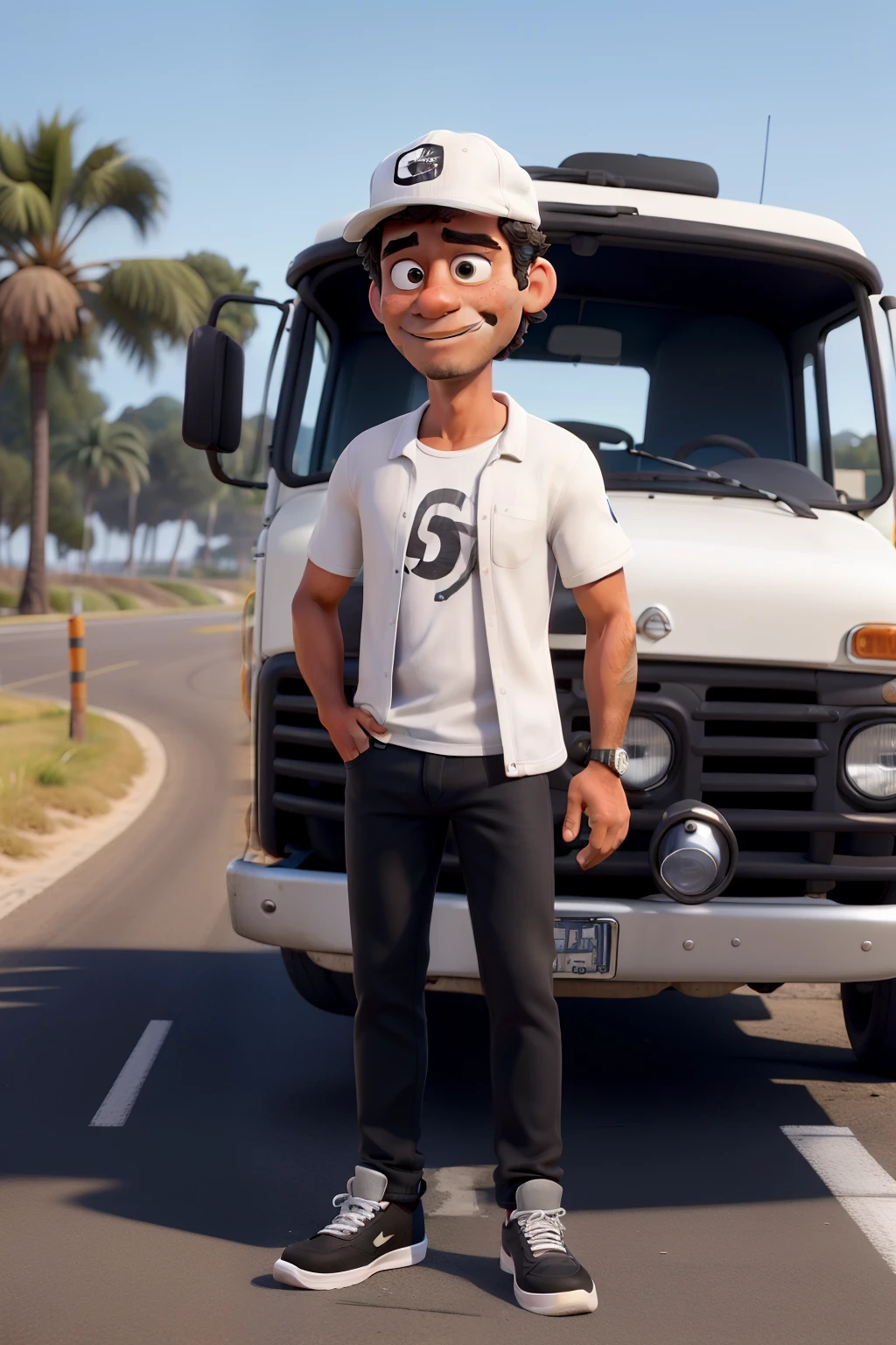 Obra-prima, de melhor qualidade, um homem de 50 anos com cabelo loiro, wearing white cap, usando ocultos de sol um pouco arredondado, usando camisa de surfista, Black jeans and black sneakers, next to the truck on the road.