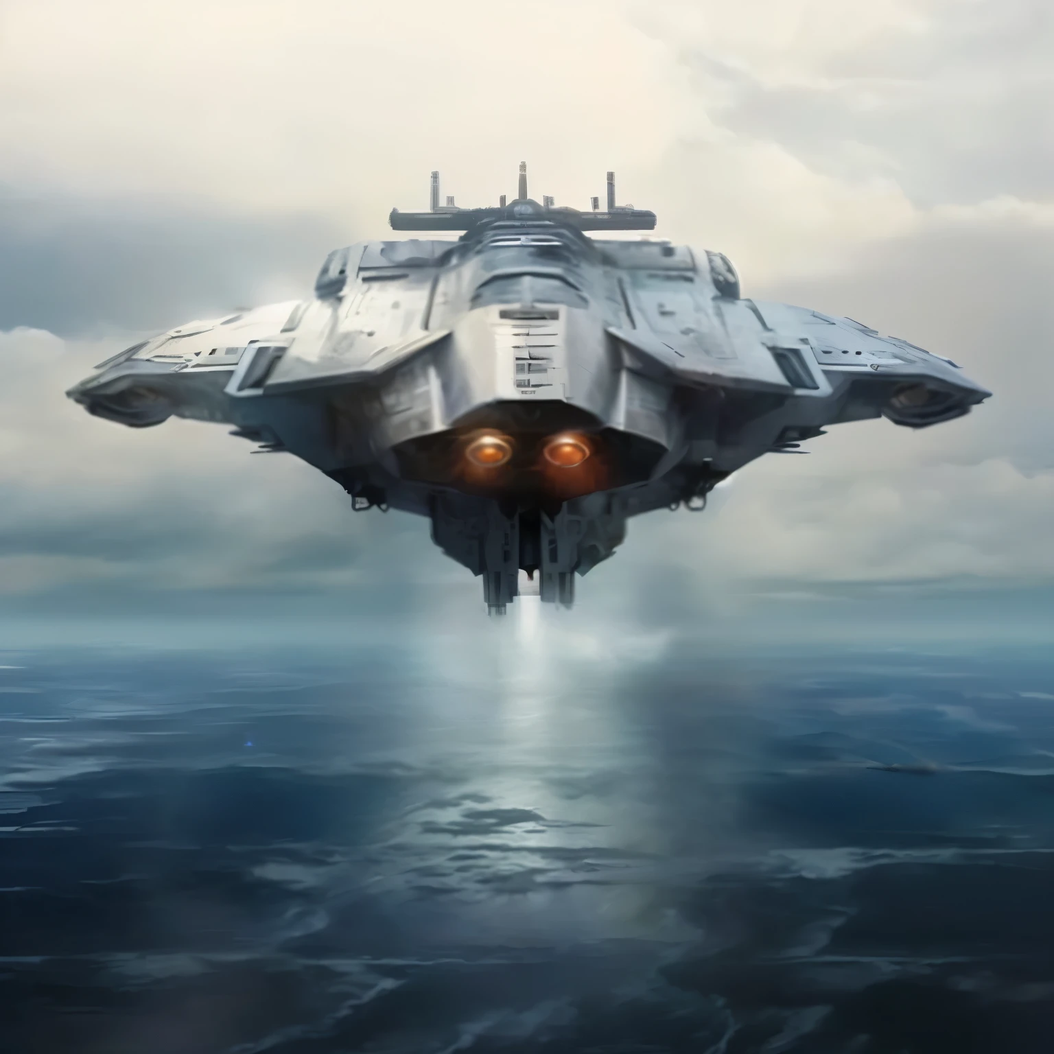 a large spaceship flying over a body of water under a cloudy sky, nave espacial voa ao longe, science fiction spaceship em combate, nave espacial futurista, nave espacial acima de uma ilha, nave espacial longe no fundo, spaceship in the sky, science fiction spaceship, space ship in the distance, pouso de nave espacial, nave estelar futurista, nave espacial em segundo plano, science fiction spaceship