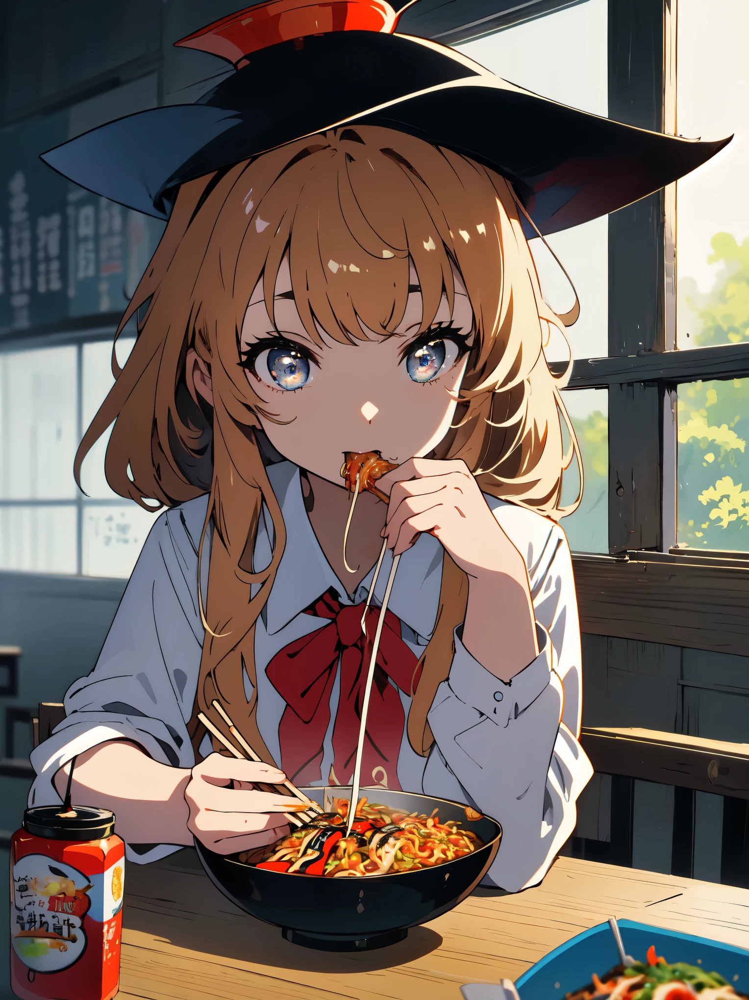(highest quality, masterpiece, high resolution, High resolution)、(Shining eyes、detailed beautiful face)、1 girl、school uniform、mini skirt、bright look、(Payang sauce yakisoba)、(Eating yakisoba using a pair of chopsticks)、Classroom during lunch break、beautiful anime