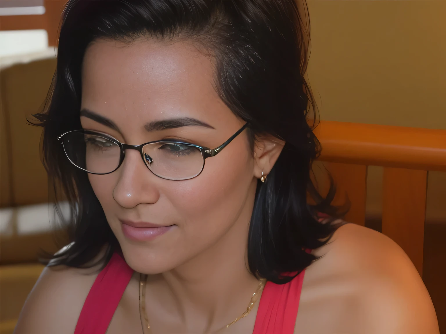 There is a woman with glasses looking at a cell phone, olhando de lado, looking to the side of the camera, pensativo, Foto de meio corpo em close, with glasses, last photo, wearing black framed glasses, not blurred, foto de perfil, wearing big thin round glasses. Mulher na casa dos 35 anos. Mulher com branco, pele bronzeada e cabelos escuros. ela tem cerca de 35 anos. Her pink lips, seus olhos castanhos escuros. Corpo fino, cintura fina. lindo, altamente realista, Mulher bonita, slightly pink lips, slightly pink lipstick, sorridente, feeling of lightness and joy, pele muito elaborada. foto clara, alta qualidade, high resolution, obra de arte, 8K.