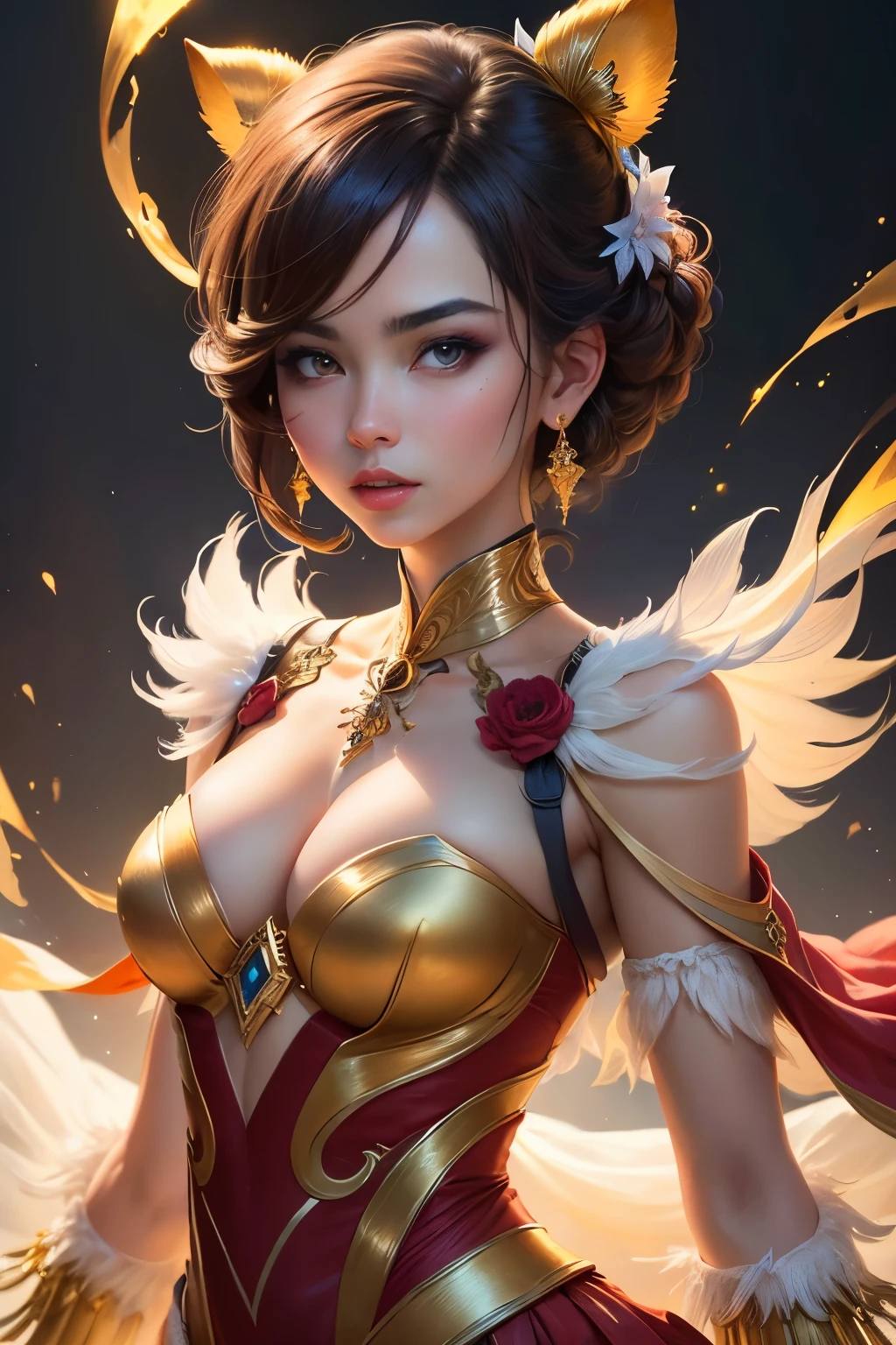 ((melhor qualidade)), ((obra de arte)), (detalhado), fechar-se, pessoa vestindo fantasia, (Vencedor do concurso Behance:1.2), arte de fantasia, coroa de rubis gigantes, Retrato da deusa 3D, estilo de Ross Tran, captivating lighting, 8k resolution, striking facial expression, (detalhes elaborados do traje:1.3), cores vibrantes, powerful presence, (ethereal glow:1.1)