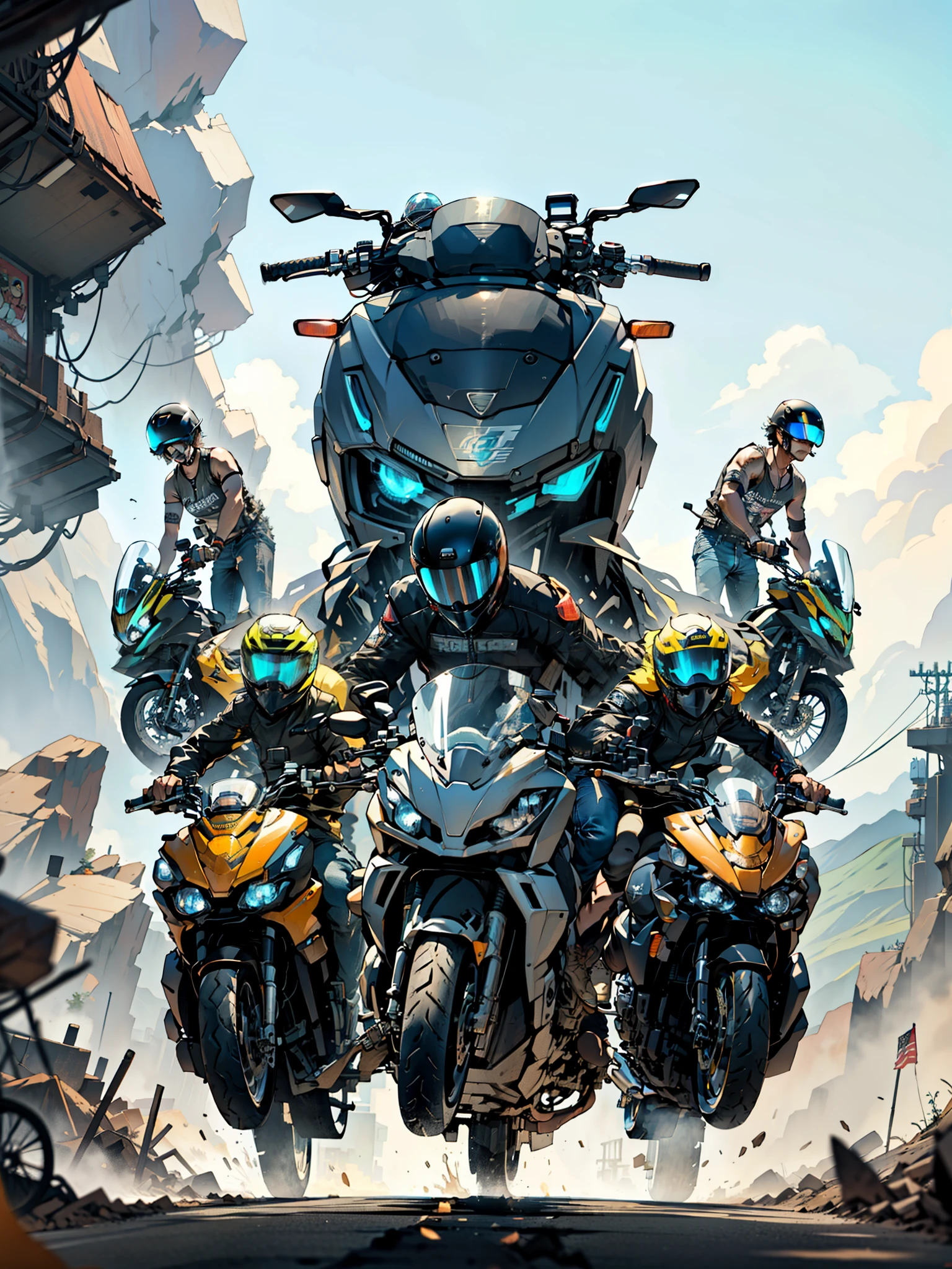 several people are riding motorcycles with a car on top, touring, front perspective, one motorbike in center of frame, badass composition, photo shot, motorcycles, header text”, motorbiker, illustrative!!, r6, motorcycle, textless, motorbike, full device, front shot, front facing, by Jan Rustem, photoshot, by Francesco Raibolini