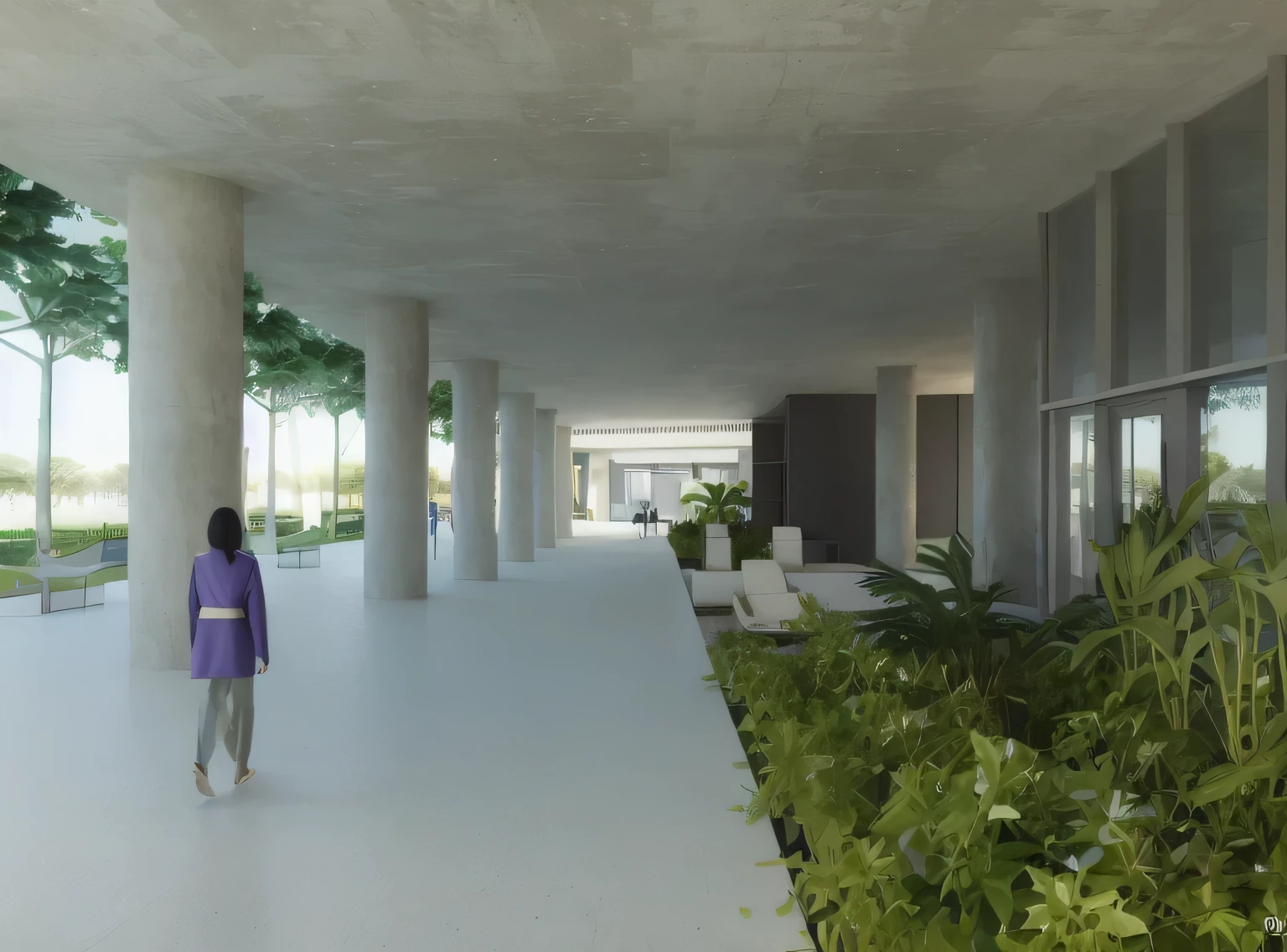 there is a woman walking on a catwalk in a purple jacket, digital Rendering, View at ground level, View at ground level, View at ground level, artistic print, green terrace, architectural rendering, Rendering, detailed Rendering, architectural rendering, photographic rendering, Perspective view, ground level camera view, Rendering digital, professional rendering, interior de concreto hitech, detail rendering, conceptual Rendering, 4k, realista, tropical, jardim