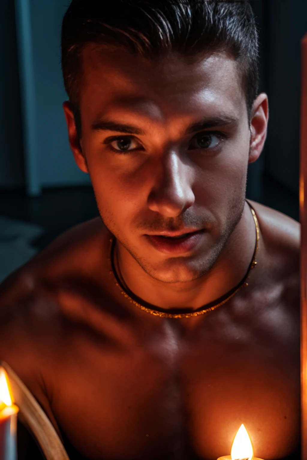 Shirtless 18 yo slim twink wearing navy blue undies, tangled up completely with ropes to a table
