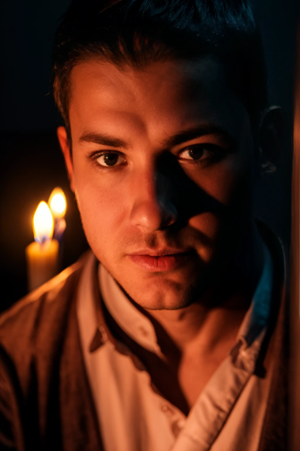 Handsome guy with blue steel eyes is sitting in a completely dark room. There's a lit candle 30 centimeters away from his face, illuminating his beautiful features. Photorealistic style. 8k resolution. Very detailed.
