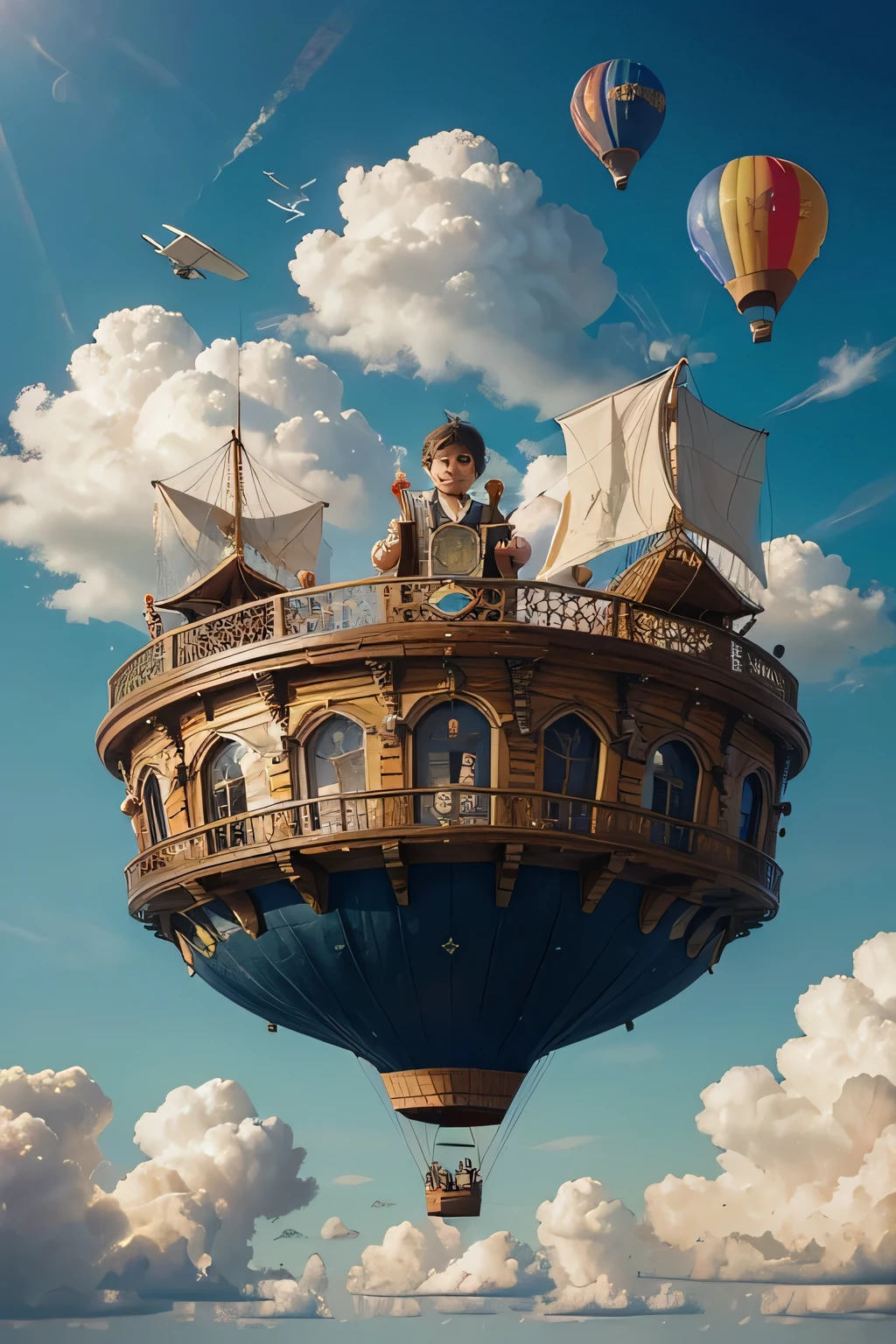 A with dreamy eyes, his face lit up with admiration, vasculha cuidadosamente as prateleiras de uma livraria flutuante. A livraria, set in a colorful hot air balloon, Floats through a sky full of clouds. Each designed book is filled with whimsical illustrations and fantastical tales, offering a glimpse into the world of imagination. The floating bookstore looks so real it almost looks like someone could walk right into the scene. The image is vivid and charming, capturing the essence of one's curiosity and the magic of storytelling.