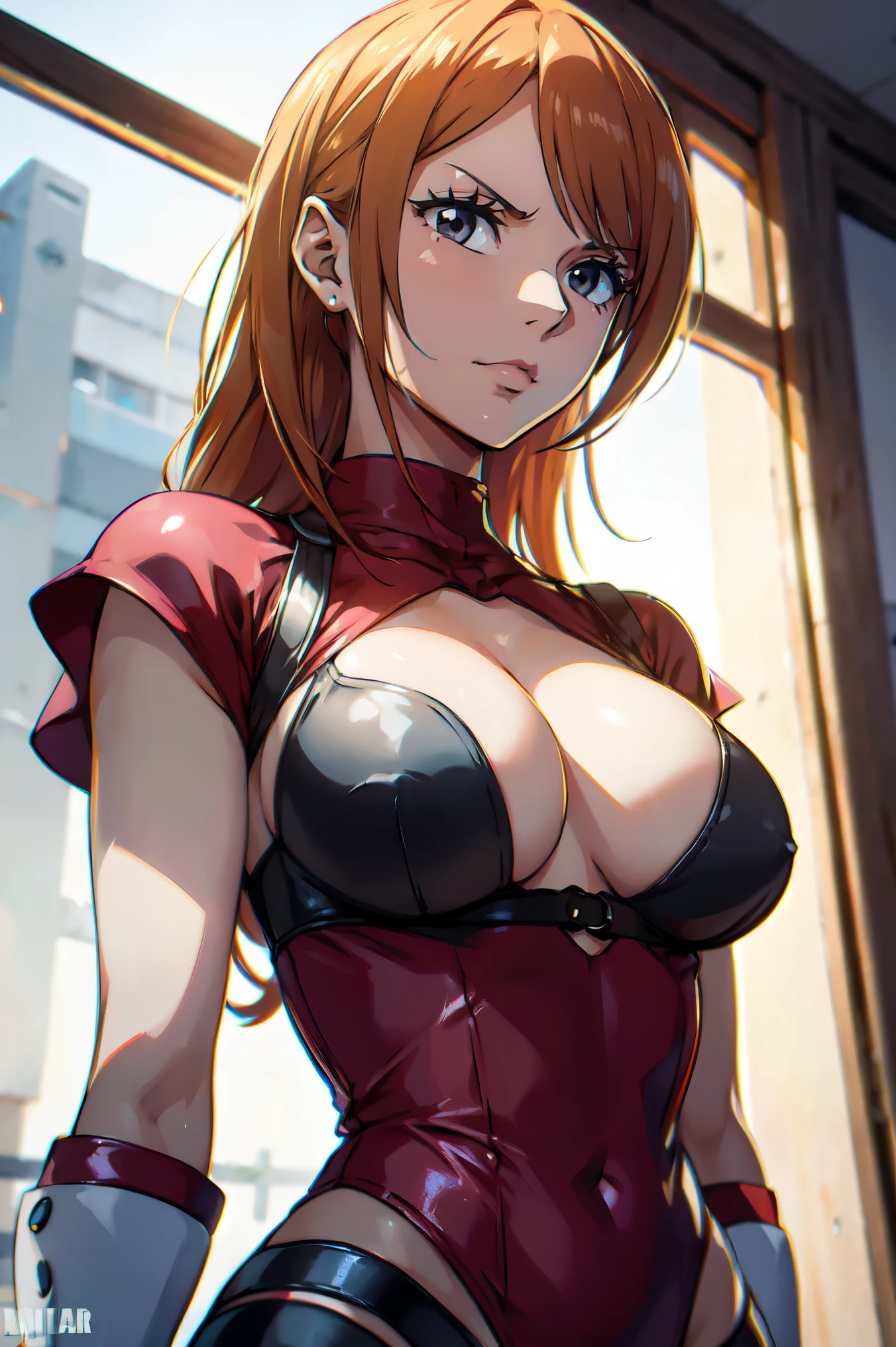 one-piece nami, cabelo laranja, Lindos olhos castanhos , fantasia de ciborgue roxo, (ciborgue futurista ao redor) (melhor qualidade, 4k, 8K, high resolution, obra de arte:1.2), ultra-detalhado, e (Realista, photoRealista, hdr, Ultra HD, studio lighting, Pintura ultrafina, sharp focus, physically based rendering
