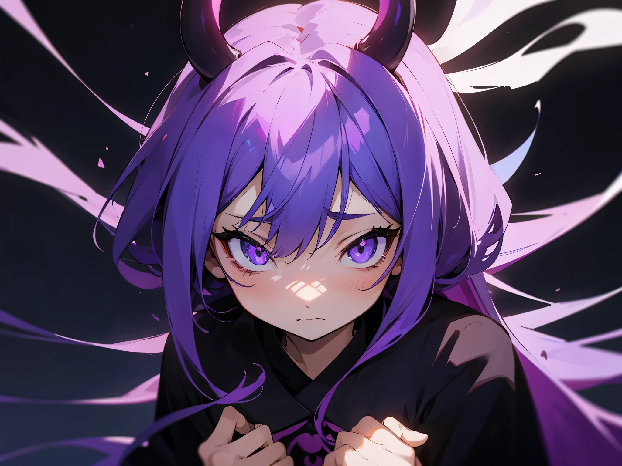 SAD ANIME GIRL DEMON GIRL PURPLE, BLACK BACKGROUND