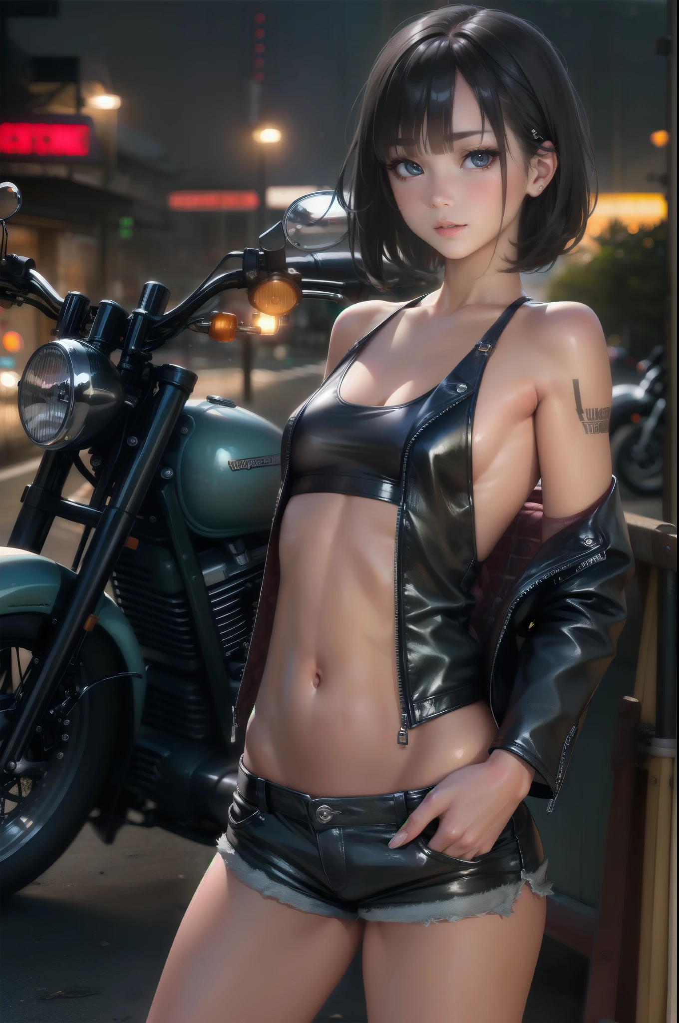 (cowboy shot),(Perfect Anatomy,top-quality、The ultra -The high-definition、hight resolution、extremely details CG、8K Unit Wallpapers),20-year-old、solo,Beautiful detailed eyes,black hair,shor bob hair,blunt bang,(small breasts,slender body,skinny),gleaming skin,oily skin,(punk fashion、leather jacket、Tank top、micro shorts),(drive a motorcycle,Harley-Davidson,),on road,Tokyo,at night、