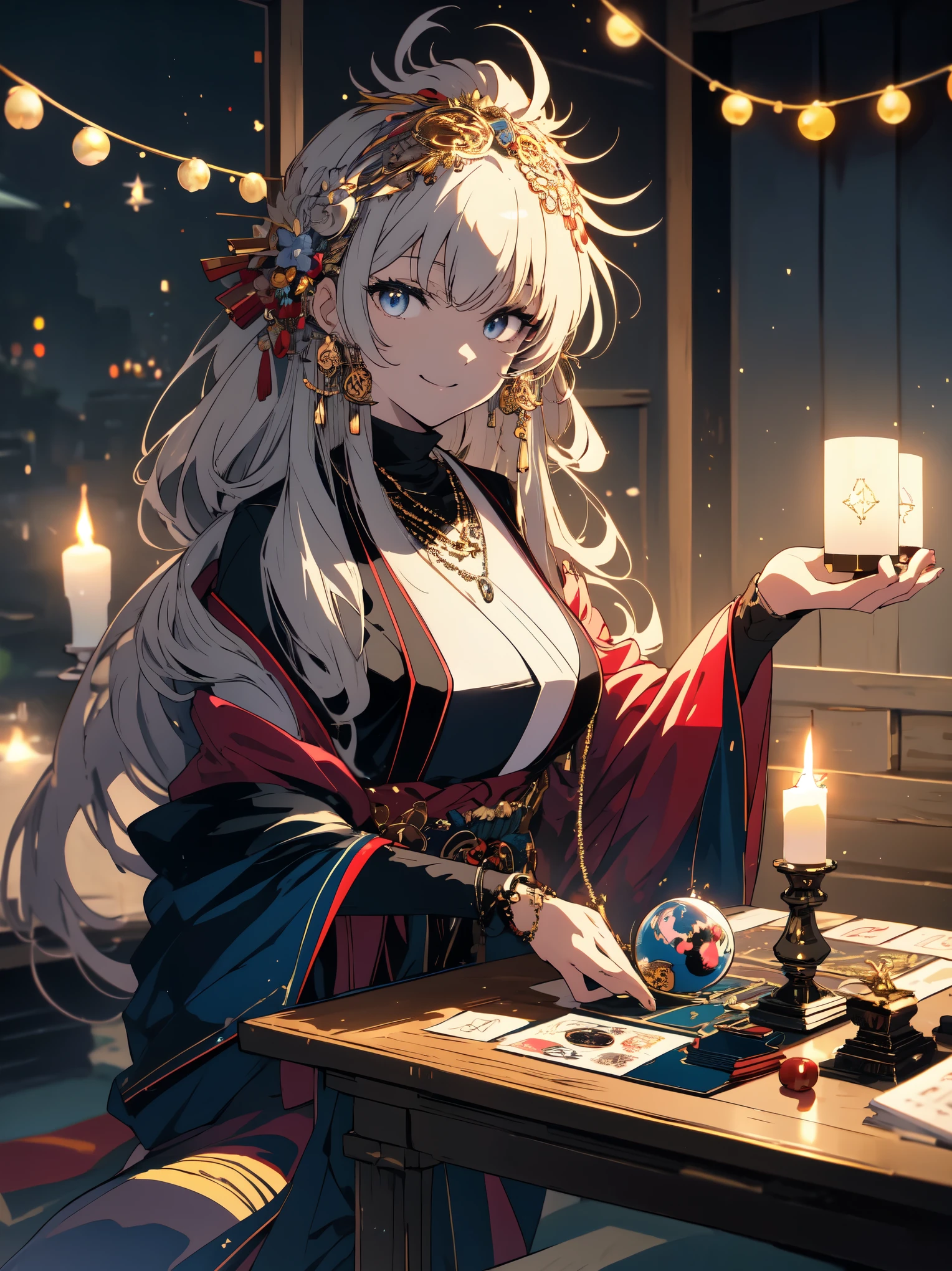 (最high quality, masterpiece, high resolution、detailed), (1 anime woman), (Shining eyes),Japanese, Western-style fortune teller costume, hair ornaments, necklace, jewelry, (detailed美しい顔), gentle smile, On top of that_body, Tyndall effect, fortune telling room, candles on the table, tarot cards, rim lighting, two-tone lighting, (High resolutionスキン:1.2), 8k UHD, Digital single-lens reflex camera, soft lighting, high quality, volume lighting, Frank, High resolution, 4k, 8k, Bokeh、beautiful anime