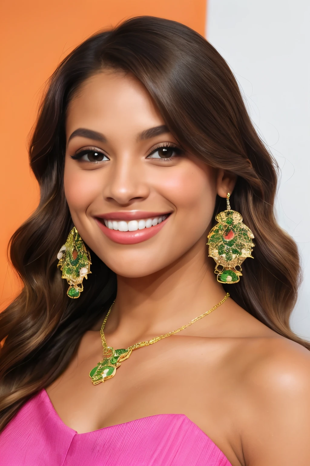 A joyful and attractive woman, age 35, beaming with a contagious smile and thumbs up, radiantly dressed in vibrant hues. Her hair cascades in soft waves around her face, which boasts gentle features and sparkling green eyes. She adorns delicate earrings and a necklace that catches the light, adding an extra touch of allure. Captured in a photo-realistic manner, with a soft filter applied to enhance the warm colors and radiant texture of her skin. --ar 149:100 --v 5.2 --s2