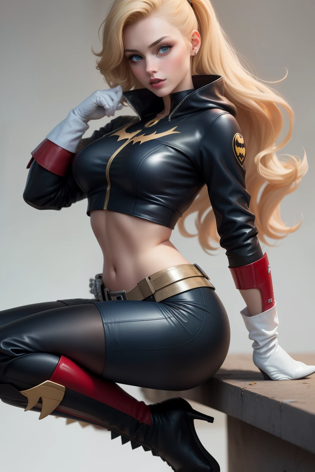 Aka Sentry el vigia de Marvel,mujer en traje amarillo, Cabello extremadamente largo rubio,Rostro femenino y rasgos, emblem with an S on its belt finely detailed to the human eye