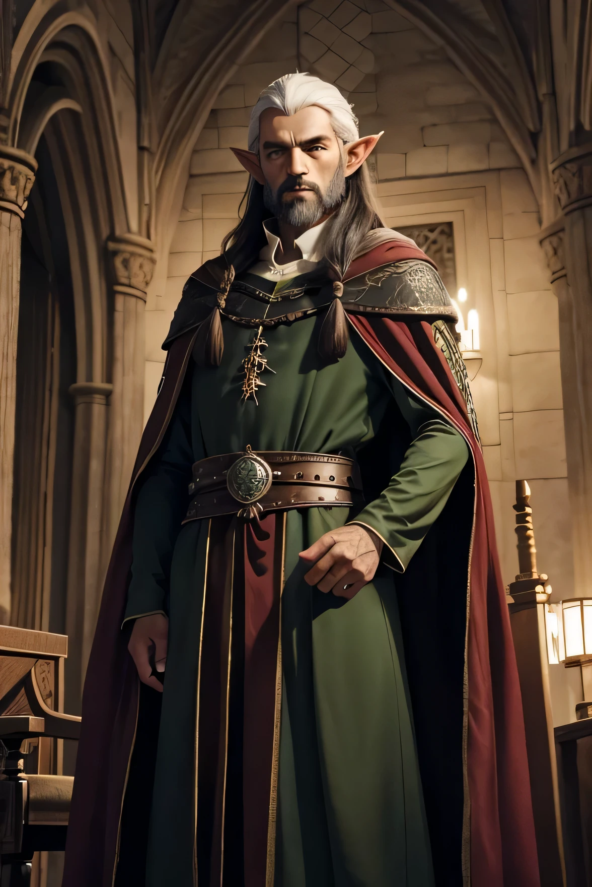 elfo masculino velho, charmoso, cavalheiro, Manto medieval, cabelo longo, olhos dourados