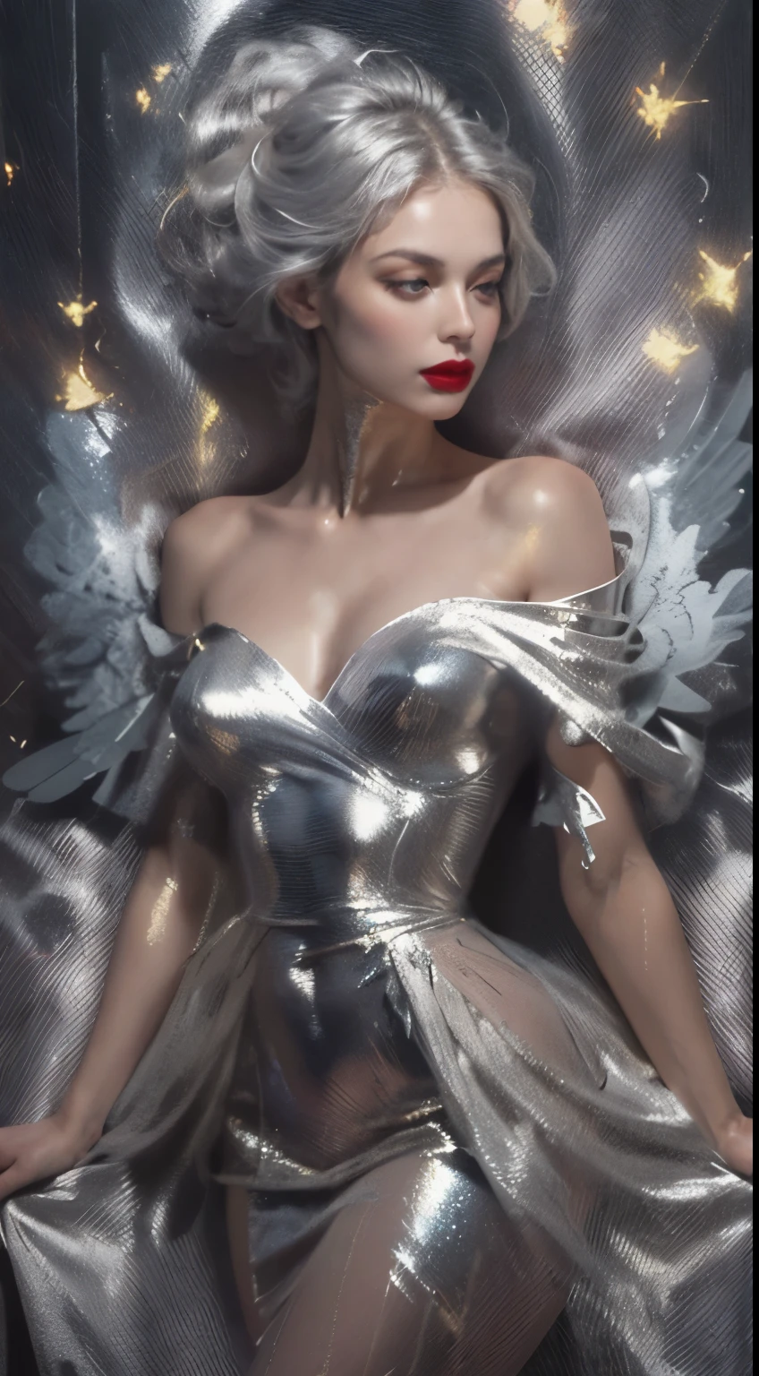 realistic image, best possible quality, adult woman, with her entire body in shiny metallic silver, her face is uncovered but her head and short hair are metallic and point towards the back, She is Caucasian and wears red lipstick, her forearm is uncovered, she has small shiny silver metallic wings, she flies in outer space with open arms, the wings are fixeted in her arms