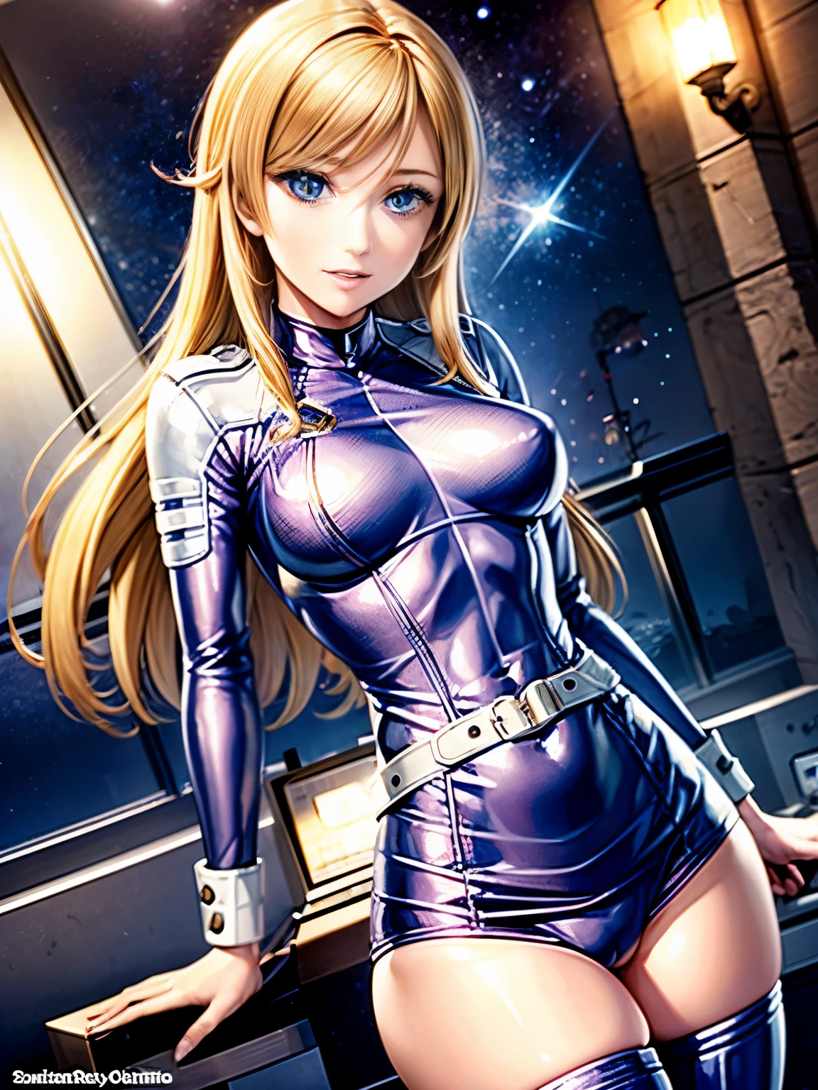 1 jeune femme, 25 ans, very blonde, souriante, yeux bleus clairs, Long messy hair, grande, anatomie parfaite, Very small breasts, tight red full space suit, bottes blanches, ceinture hitech blanche, debout