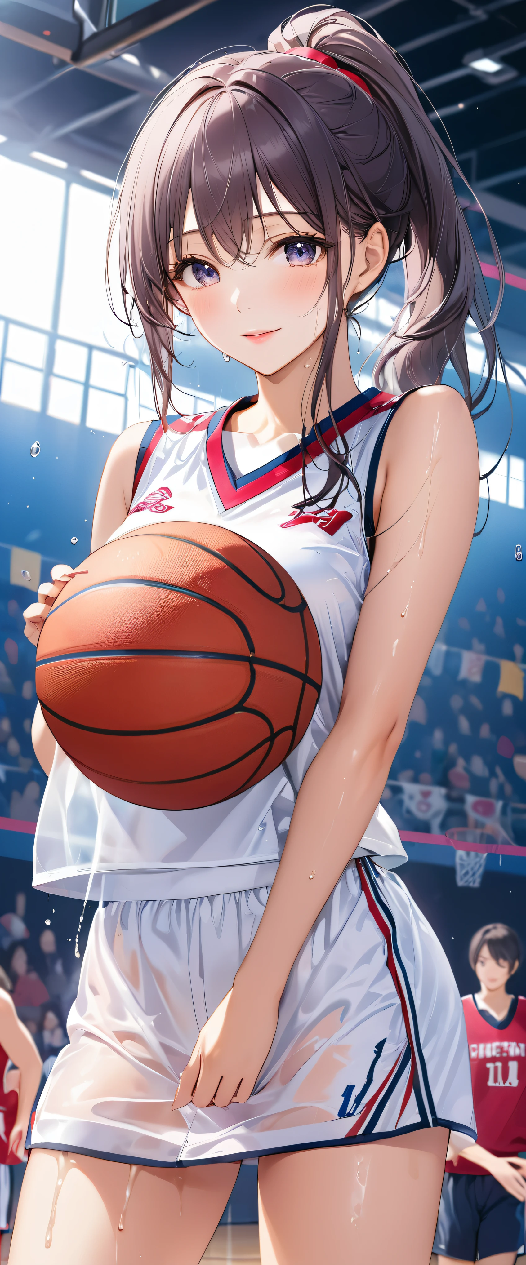 (masterpiece,highest quality,超A high resolution),japanese woman, (((Very beautiful 25 year old girl))), pretty girl、look at the photographer、 ((beautiful low ponytail)), super cute face, glossy lips, double eyelids in both eyes,natural smile、 natural makeup, long eyelashes, shiny smooth hair、center image, perfect limbs, perfect anatomy,(((basketball uniform)))、,(wet with sweat),See-through