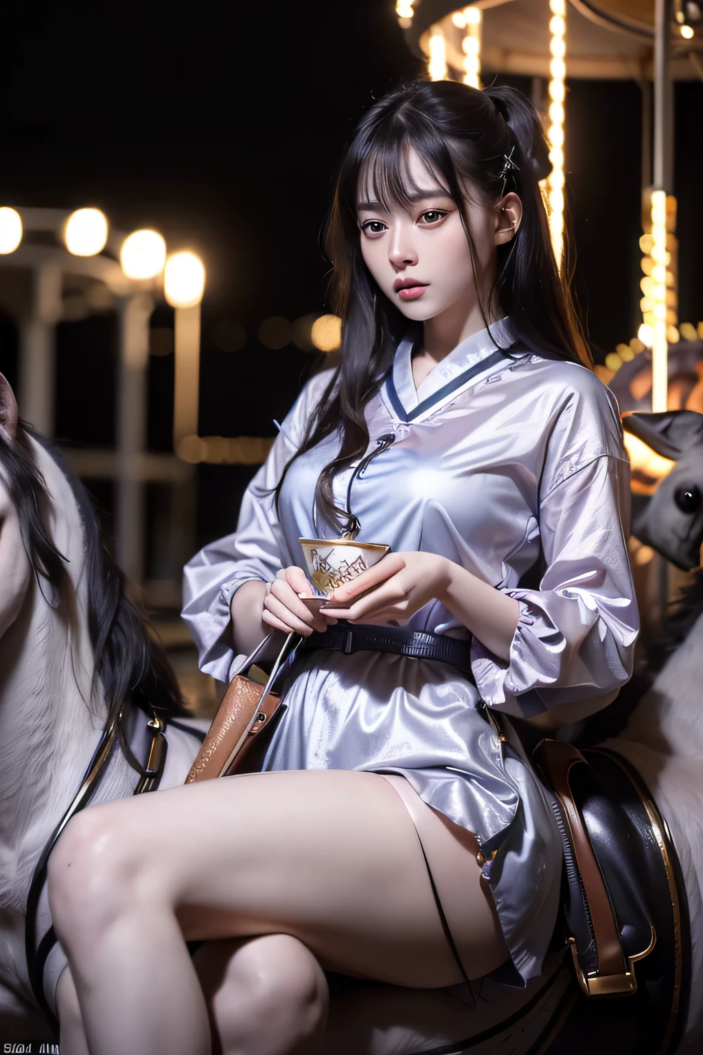 (8k, RAW photo, highest quality, masterpiece:1.2), (realistic, photo-realistic:1.37) , 1 girl, (carousel, night), Miao Xiaoji(secret_tea), detailed face, fine eyes, punk fashion,no makeup、high nose、vivid lighting
