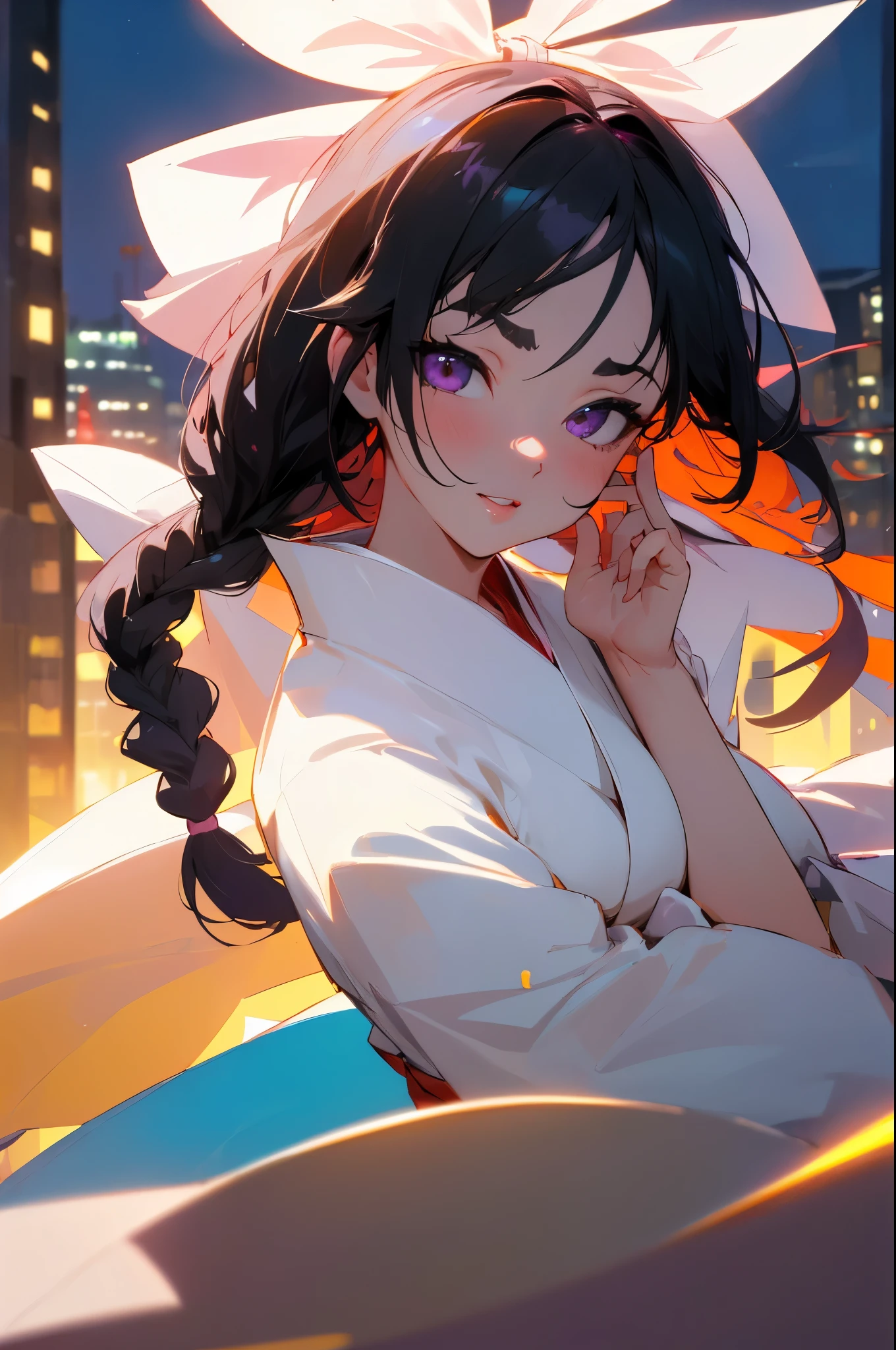 (night:1.7), Japan, Tokyo, city view, Before opening the window,
stand at attention,
(white_kimono:1.3),split,
Black_hair, long_hair, hair_pull_Back,broke up_lips,purple_Eye, braid,
1 girl, 24 years old,adult,beautiful Finger,beautiful long legs,beautiful body,beautiful Nose,beautiful character design, perfect Eye, perfect Face,
looking at the audience, in the center of the image,
NSFW,official art,Extremely detailed CG unified 8k wallpaper, perfect lighting,rich and colorful, bright_front_Face_light,
(masterpiece:1.0),(the best_quality:1.0), 超high resolution,4k,Super detailed,
photography, 8k, high dynamic range, high resolution, Ridiculous:1.2, Kodak Portrait 400, film grain, blurry Background, Bokeh:1.2, lens flare, (Energetic_color:1.2)
(beautiful,big deal_breast:1.4), (beautiful_Face:1.5),(narrow_waist),