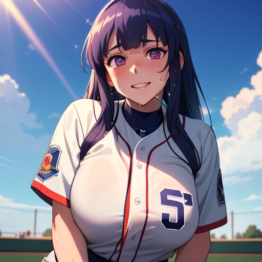 ((best quality)), (detailed), ((high resolution)), ultra high definition, 8k, ((style of Akame Ga Kill!)), perfect symmetry, masterpiece, ( Fine details), BREAK,((baseball uniform)), focused gaze, green baseball field, blue sky and white clouds, sunlight casting shadows, sun rays illuminating the scene, illuminated action shot, professional sports photography, alone, curvy woman, sparkling purple eyes, (detailed eyes), smile, blush, (sweat), oily skin, shallow depth of field