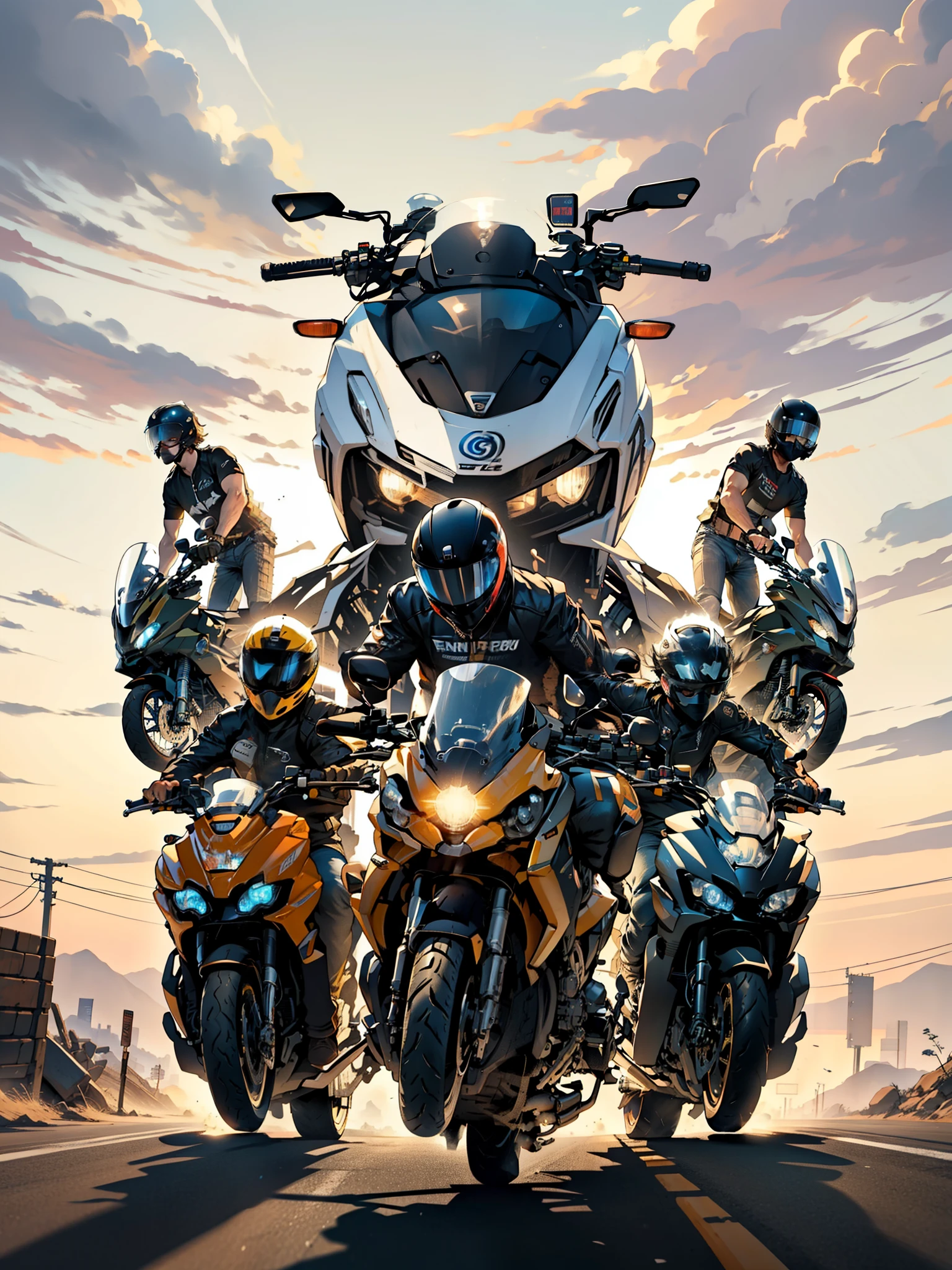 several people are riding motorcycles with a car on top, touring, front perspective, one motorbike in center of frame, badass composition, photo shot, motorcycles, header text”, motorbiker, illustrative!!, r6, motorcycle, textless, motorbike, full device, front shot, front facing, by Jan Rustem, photoshot, by Francesco Raibolini