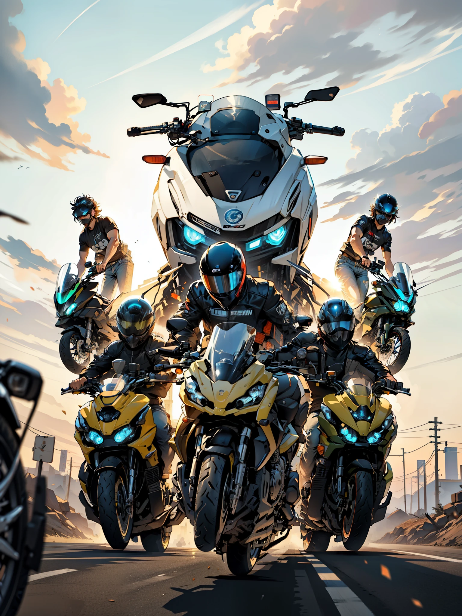 several people are riding motorcycles with a car on top, touring, front perspective, one motorbike in center of frame, badass composition, photo shot, motorcycles, header text”, motorbiker, illustrative!!, r6, motorcycle, textless, motorbike, full device, front shot, front facing, by Jan Rustem, photoshot, by Francesco Raibolini