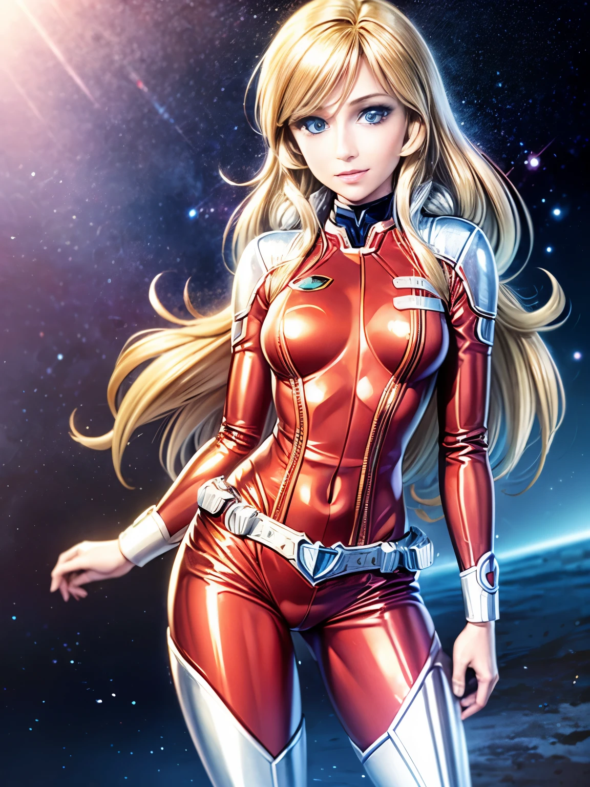 1 jeune femme, 25 ans, very blonde, souriante, yeux bleus clairs, Long messy hair, grande, anatomie parfaite, flat chest, full red space suit, bottes blanches, ceinture hitech blanche, debout