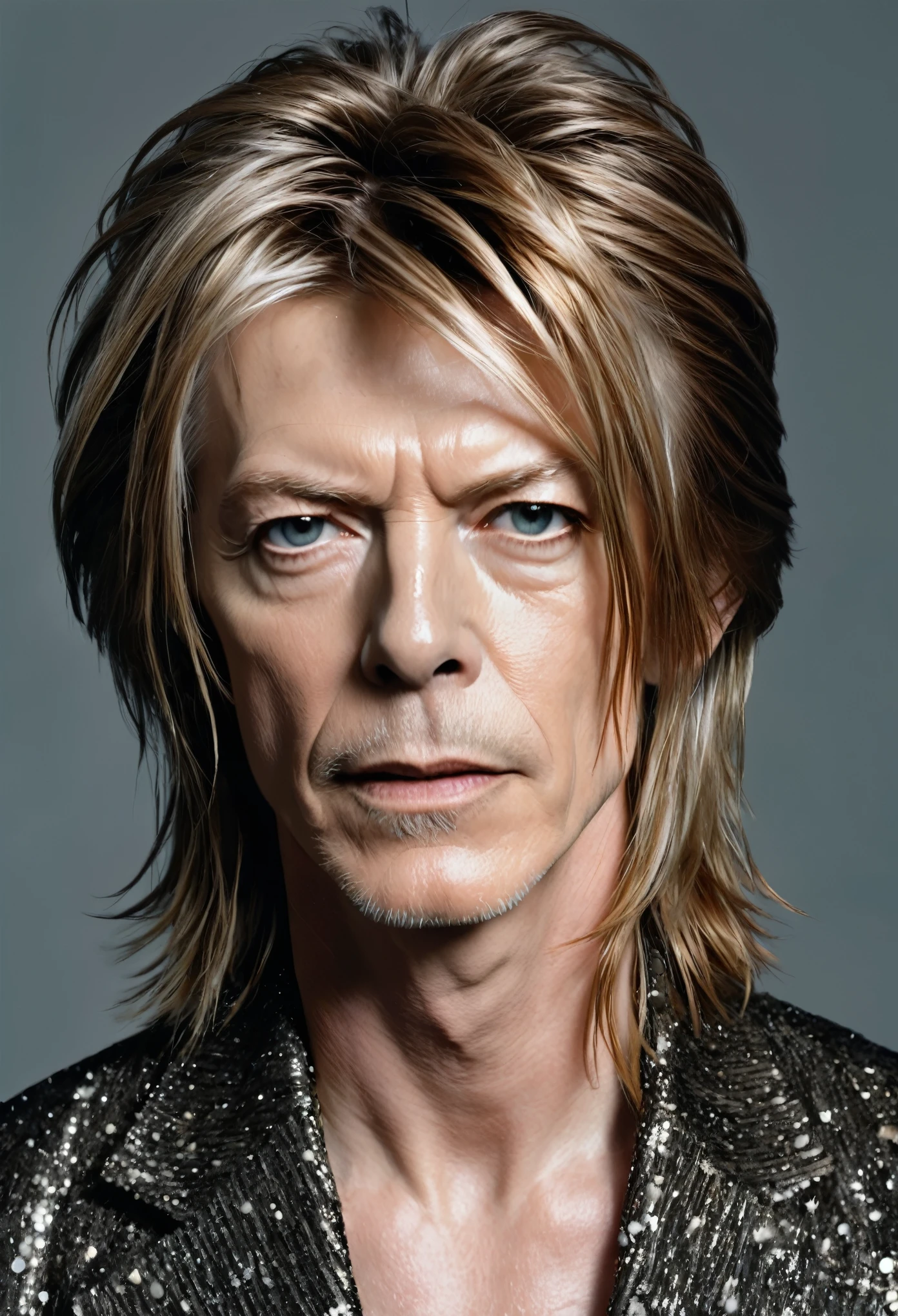 realistic photo, (ohwx), David Bowie, 2000s, medium-long hair, strands falling over face, half-profile photo, looks at viewer, closeup, detailed face, realistic, imersive background, studio light, 