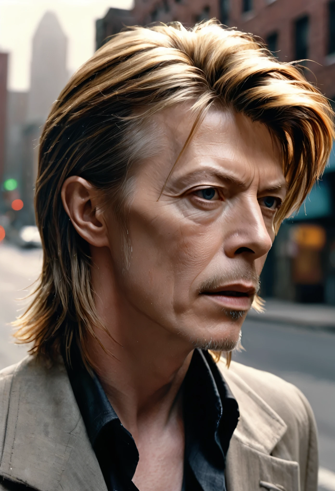 realistic photo, (ohwx), David Bowie, 2000s, medium-long hair in front and short on back, strands falling over face, profile photo, looks at viewer, medium closeup, detailed face, realistic, imersive background of street, daylight and shadows