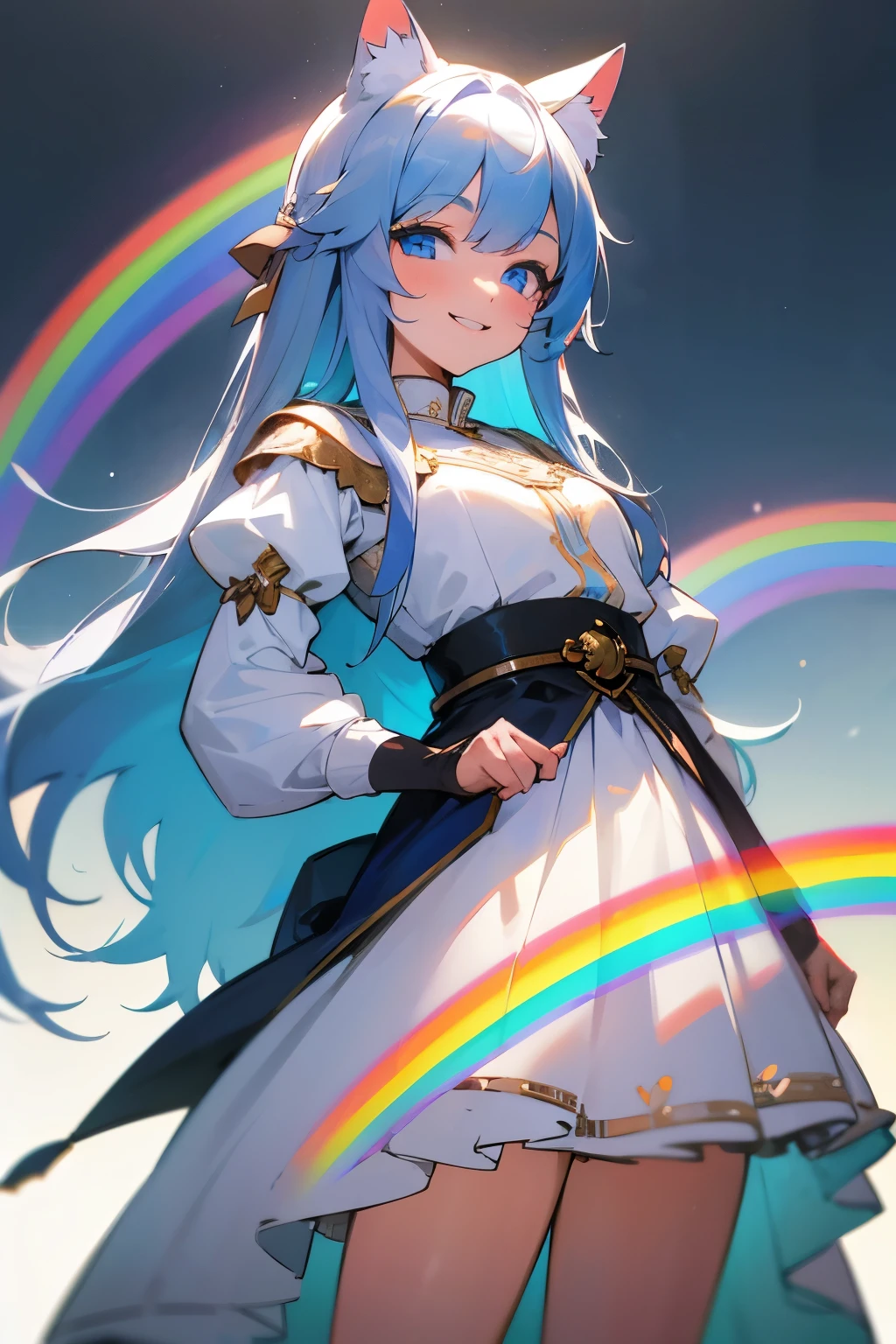 master piece, High Resolution, a young cat girl, long hair{Rainbow Colour}, blue eyes, wearing white dress, medieval scenario, smiling, perfect hand