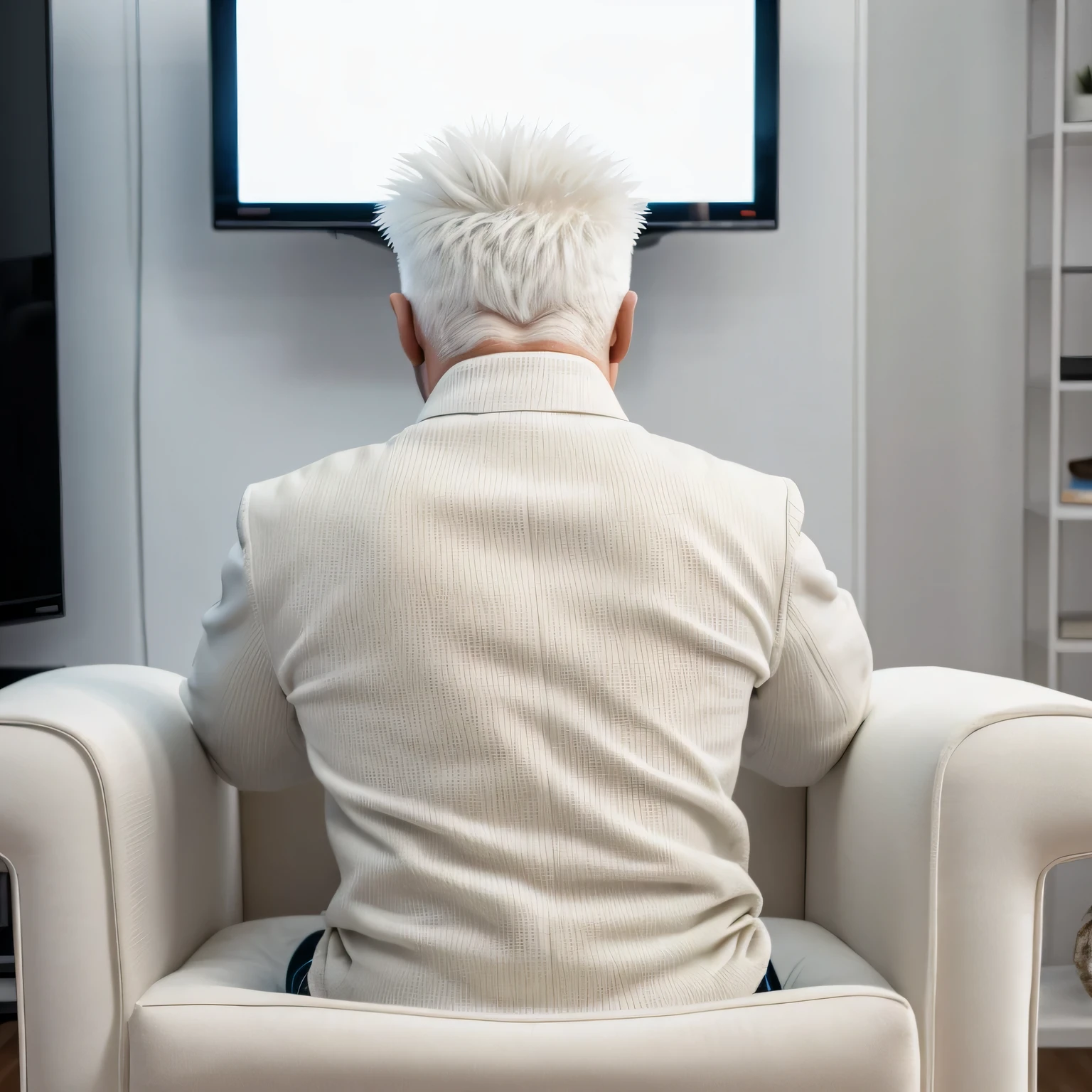 In a white room, a man with very spiky white hair is sitting in an armchair with his back watching television., realista, detalhado, photographic, 8k