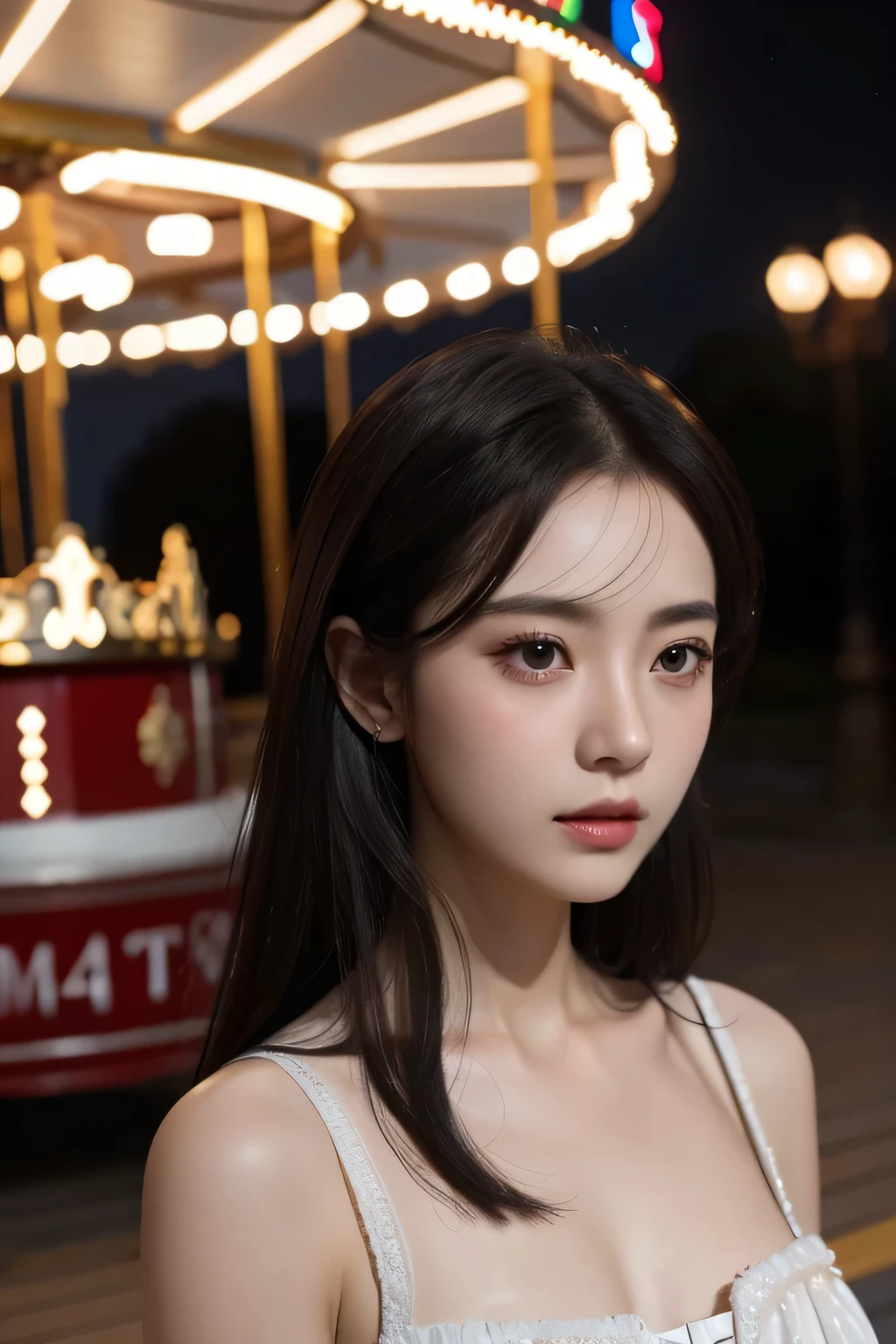 (8k, RAW photo, highest quality, masterpiece:1.2), (realistic, photo-realistic:1.37) , 1 girl, (carousel, night), Miao Xiaoji(secret_tea), detailed face, fine eyes,no makeup、high nose、vivid lighting