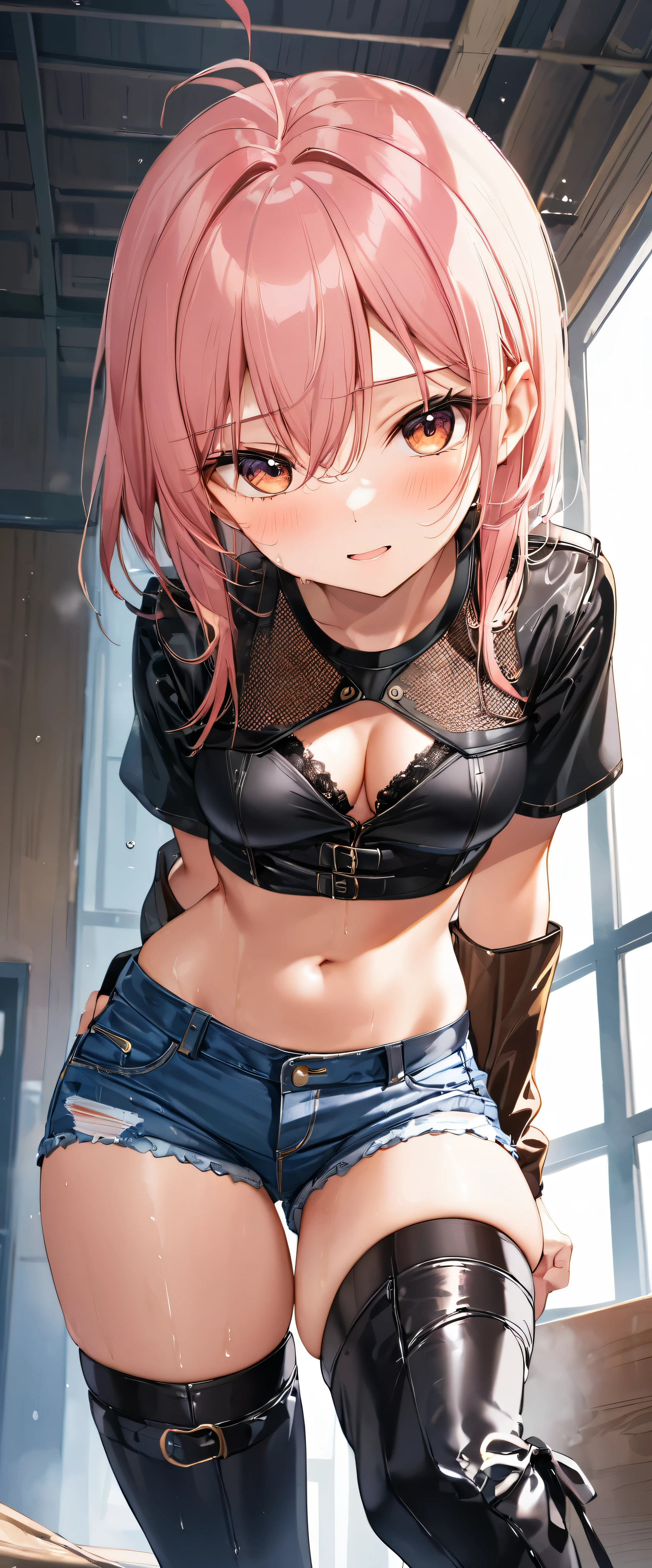 High resolution, woman , good lighting, despicable, , (No nudity), (((loose jean shorts))), ((tight leather top)), (((leather thigh high boots))), (garter belt), abdomen only, (wet shorts),  ,  cute face, I&#39;Iは恥ずかしくて赤面します, humiliating, ((spread your legs)), (())
