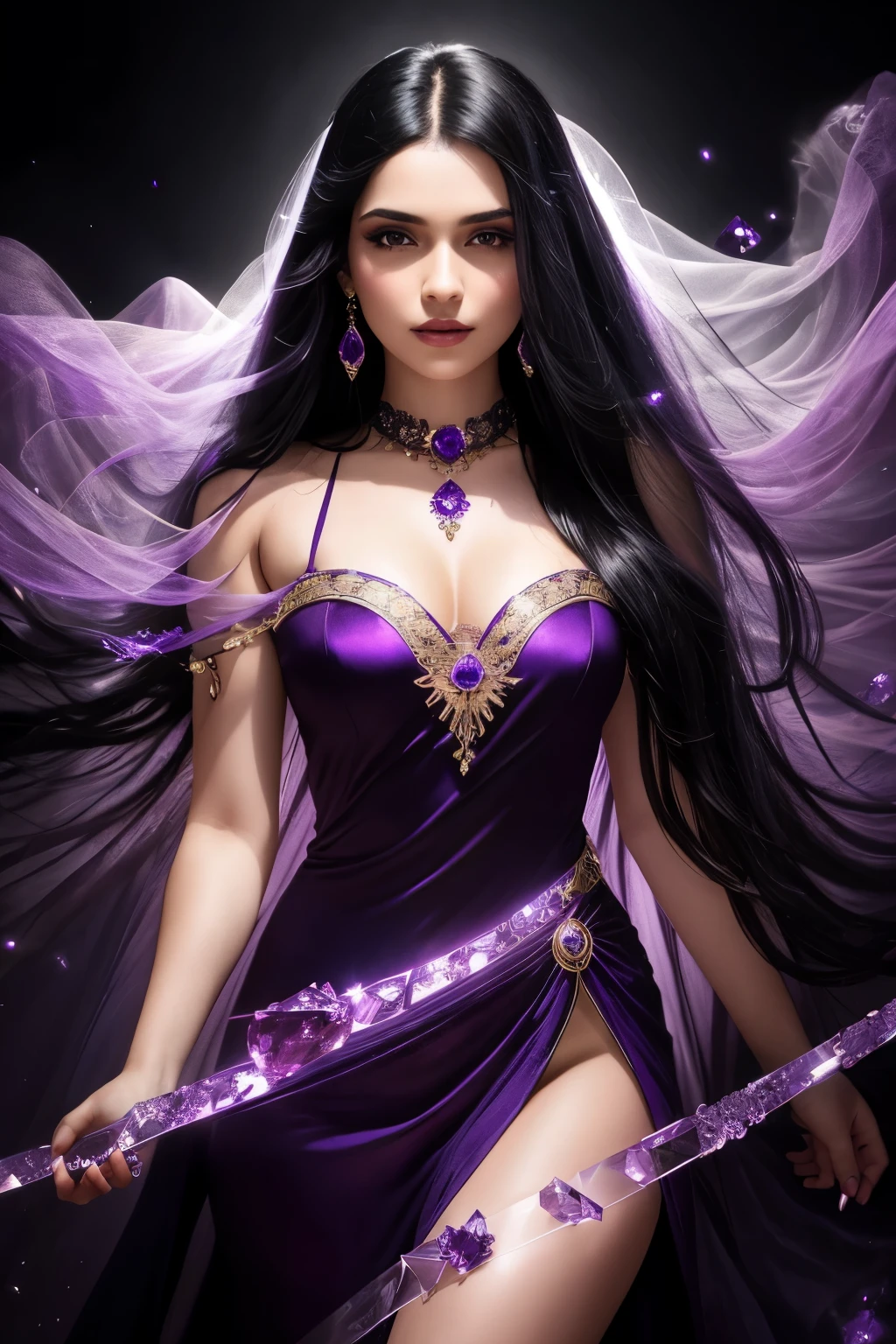 Photo of a 23-year-old woman, a personification of the mystical and captivating amethyst gemstone. Her striking black hair is adorned with a mesmerizing lock of deep purple, perfectly mirroring the enchanting hues of the gemstone itself. The composition is infused with cinematic colors and lighting, creating an ethereal atmosphere that transports the viewer into a realm of magic and mystery. The radiance and allure of the amethyst gemstone are delicately captured, adding a touch of mysticism to this captivating photograph.