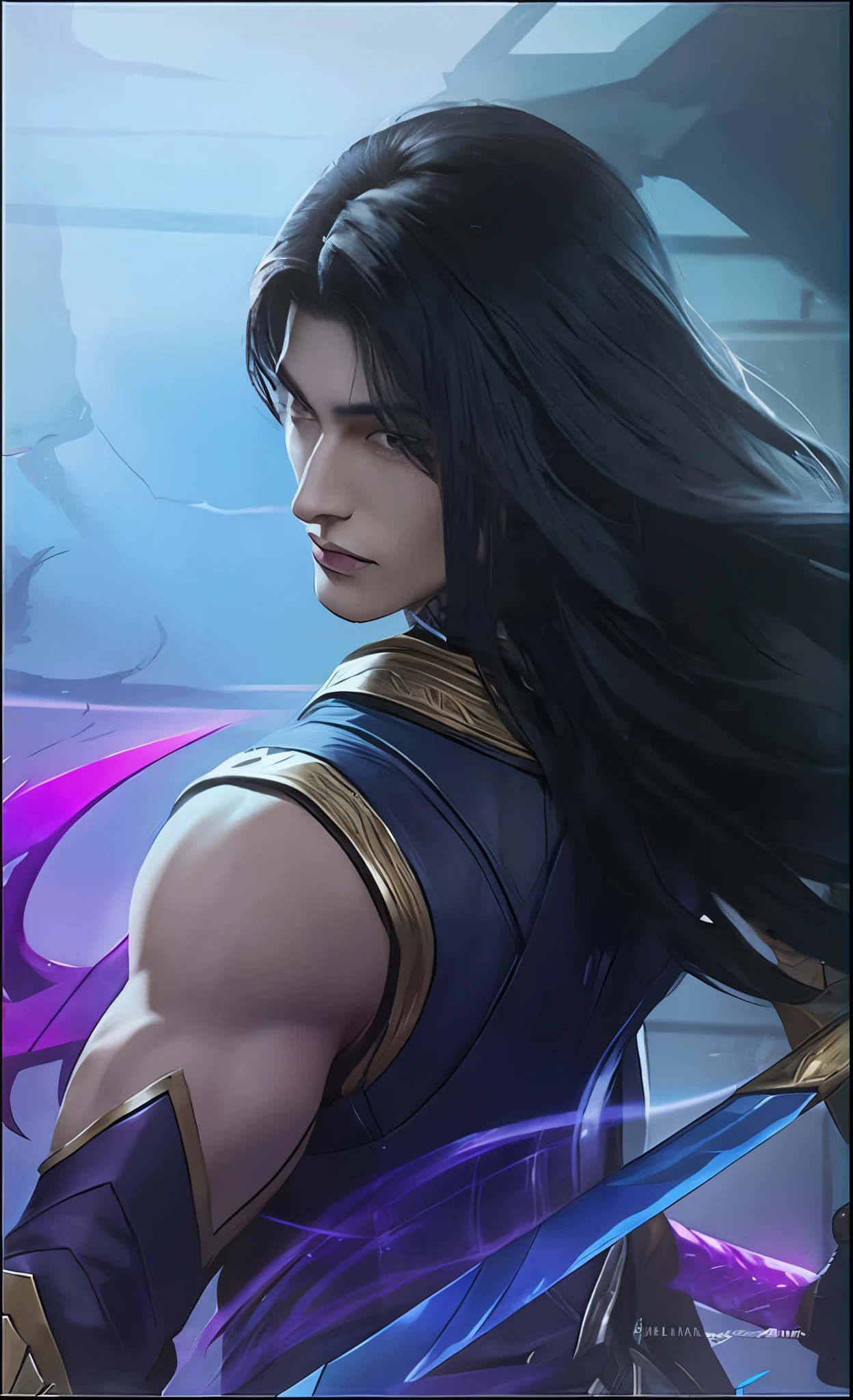 a close up of a man, black long hair, purple and blue sword