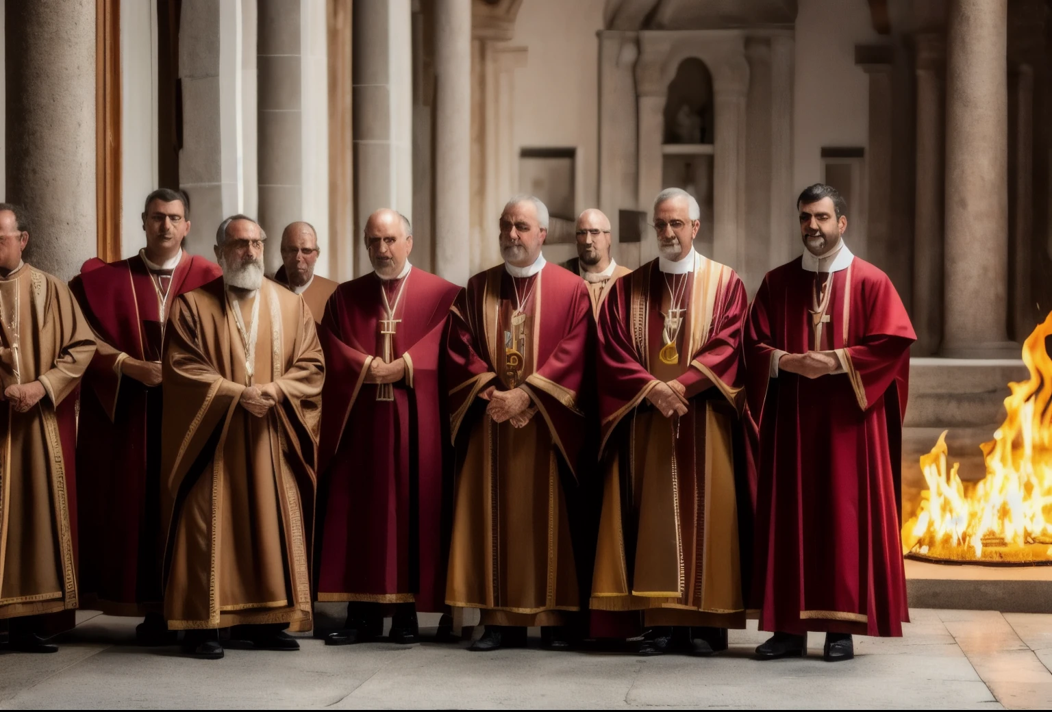 Medium shot.Tochas. Historically accurate Spanish priests from 1400, 8K, plano amplo, film composition, volumetric light, Alto detalhe, 8K, hdr, Realista, fotografia, homens furiosos e violentos, luz solar, cinematic, photoRealista, Cinematic lighting, cinematic filter, sharp focus, teaching Christianity to naive Americans  