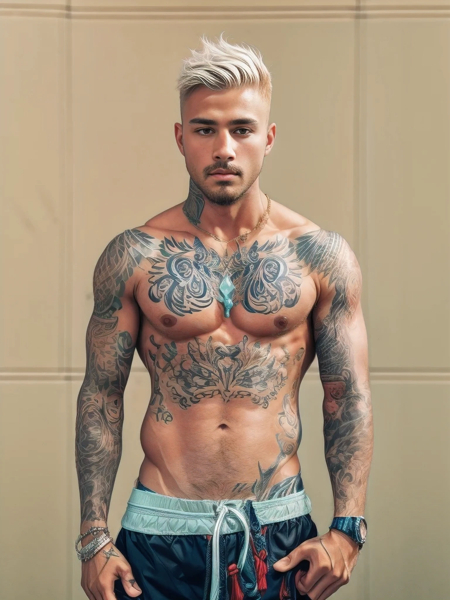 1boy, 25 years old, tan skin, white to blonde faded hair, full body tattoo, body hair, facial hair