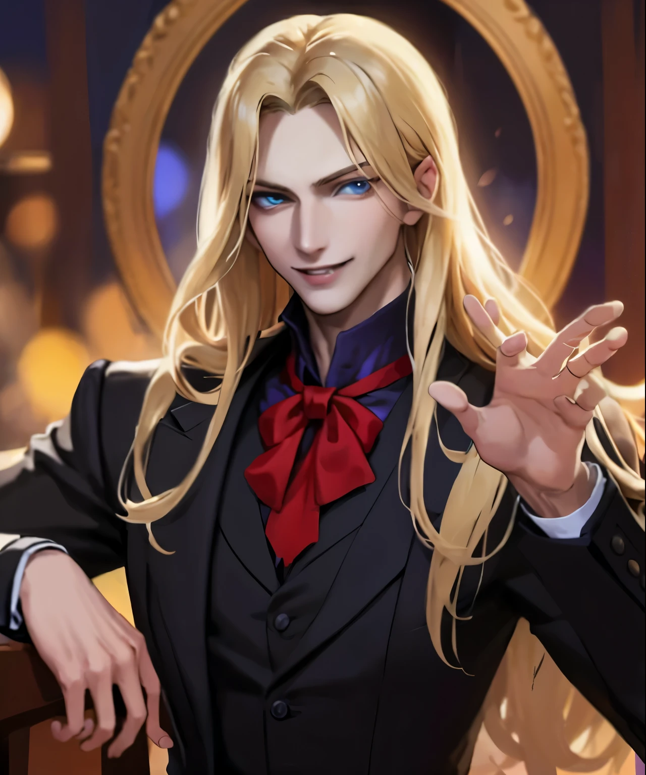 blond man in a black suit and purple victorian shirt posing for a picture, johan liebert mixed with alucard, handsome male vampire, alucard, portrait of magical blond prince, fantasy art smug smile man, male vampire, sylas, beautiful androgynous prince, xqc, johan liebert mixed with dante, handsome stunning realistic, handsome drow