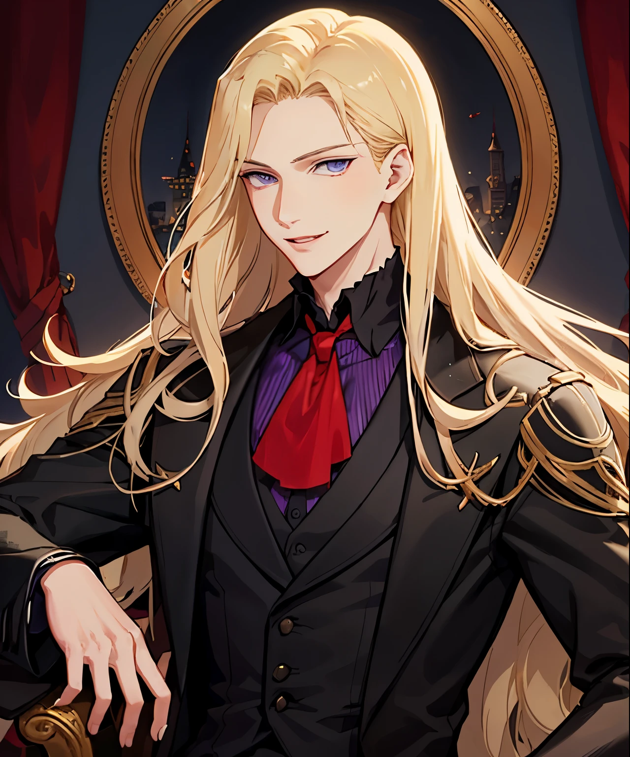 blond man in a black suit and purple victorian shirt posing for a picture, johan liebert mixed with alucard, handsome male vampire, alucard, portrait of magical blond prince, fantasy art smug smile man, male vampire, sylas, beautiful androgynous prince, xqc, johan liebert mixed with dante, handsome stunning realistic, handsome drow