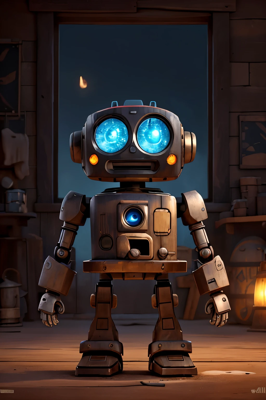In the quiet stillness of the night, a quaint robot, crafted from weathered metal and adorned with large, expressive eyes, stands amidst the clean, dark background. The delicate texture of its aged exterior reflects the vintage charm, inviting a sense of nostalgia. With a centered composition, the robot raises a paper sign, its message clear against the dim backdrop: "Will Work for Oil." The air is hushed, the only sounds being the gentle rustling of the wind against the metal frame and the occasional drip of condensation. The robot's gaze, though seemingly inanimate, holds an underlying sense of determination and hope, as it awaits the opportunity to fuel its purpose