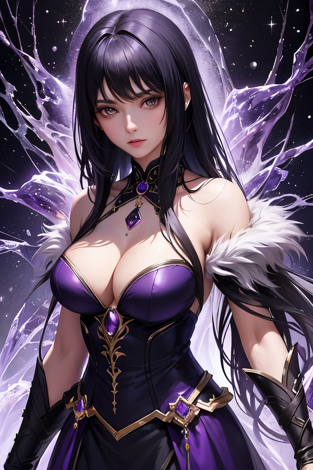 A 23-year-old woman, personifying the enchanting allure of the amethyst gemstone, stands before you. Her raven-black hair cascades down her shoulders, framing a lock of deep-purple hues that gleams under the cinematic lighting. The shine and beauty of the amethyst stone are reflected in her eyes, making the atmosphere around her magically and mysteriously captivating. The intricately detailed palette of colors and lighting, rendered in lifelike CGI, transports you to a realm of ethereal wonder as she poses serenely, the essence of pure enchantment.