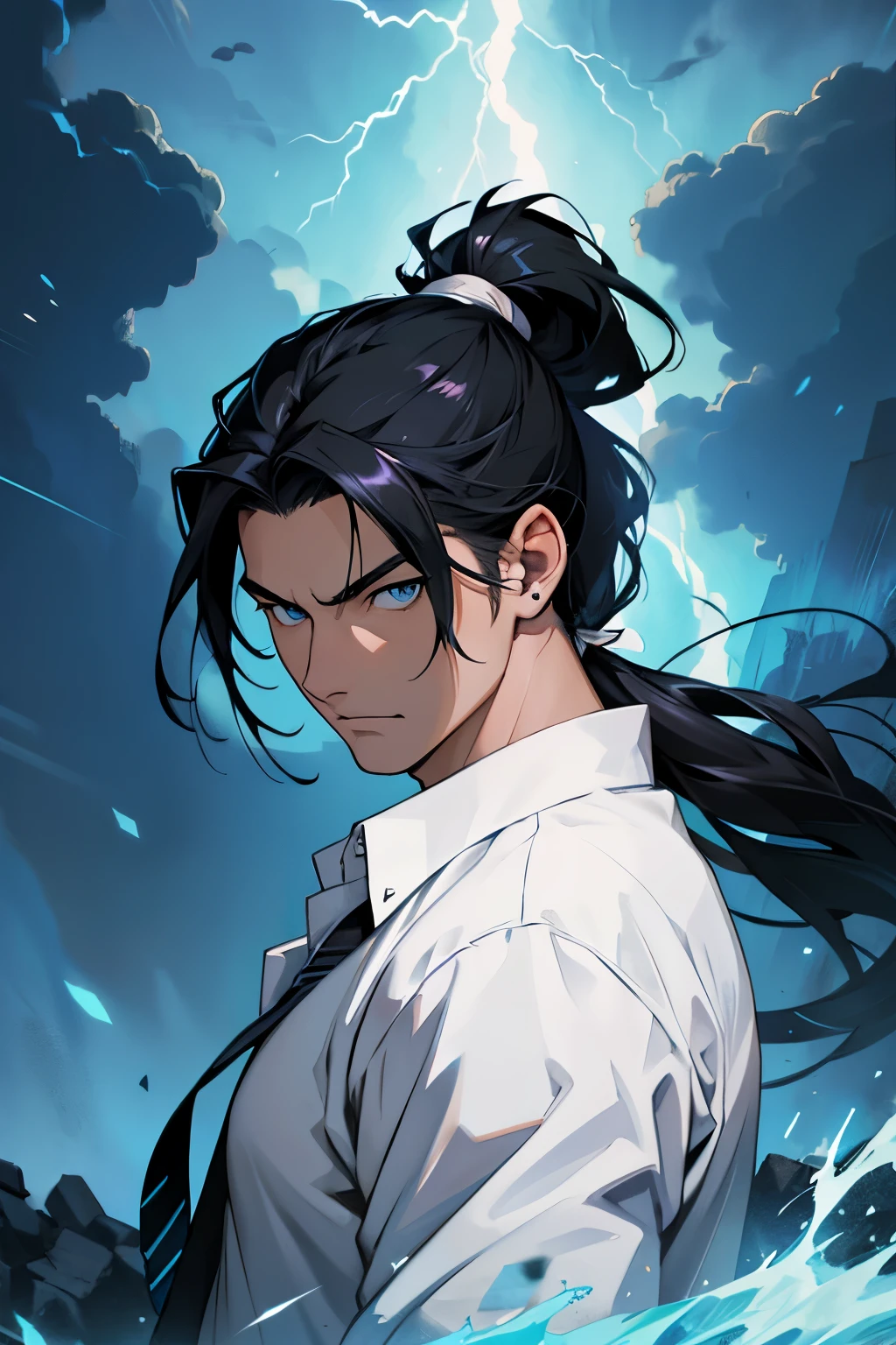 anime style, man, long black hair, ponytail, blue eyes, thunder around the body, inspired by zeus wearing shirt